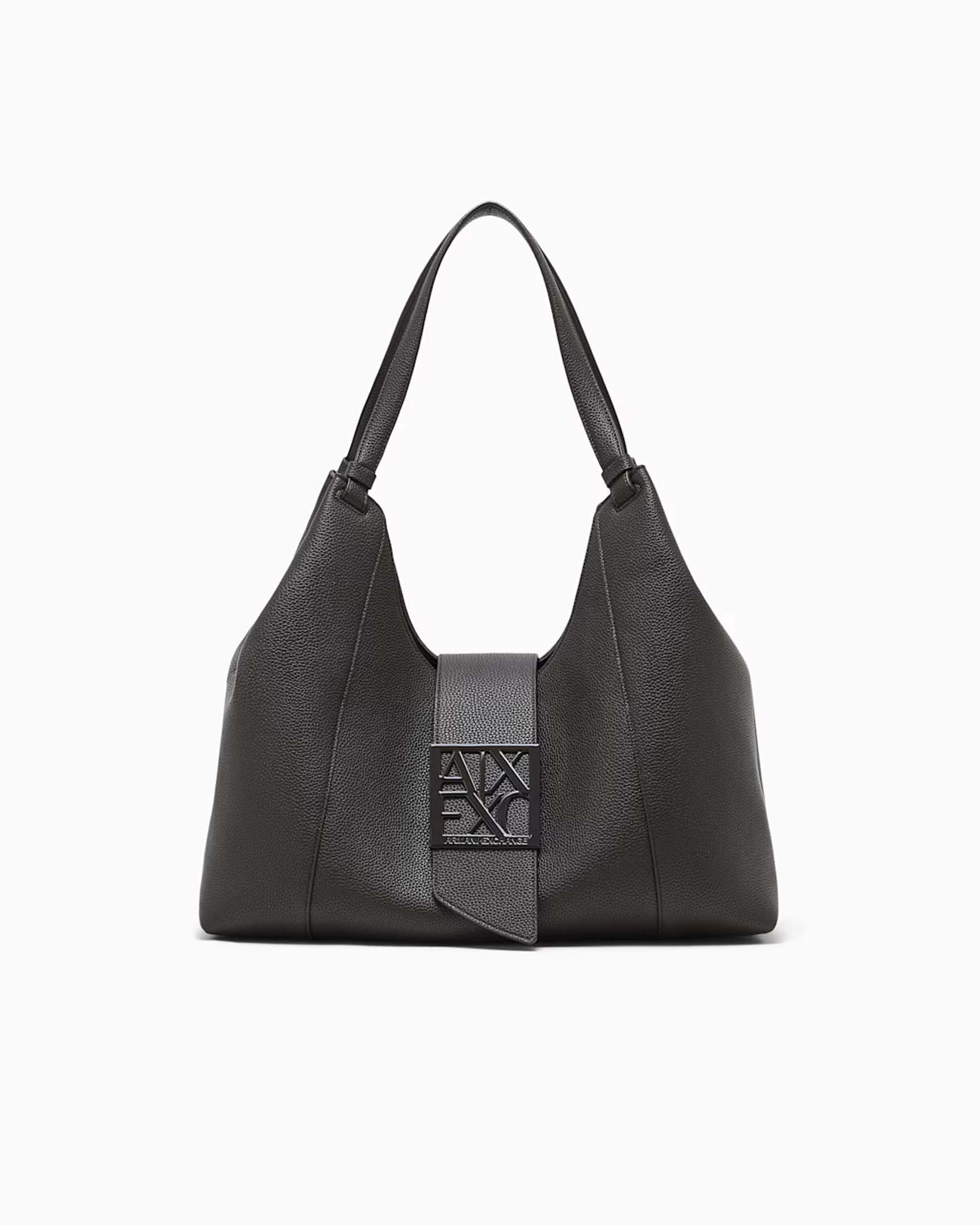 Borsa hobo a spalla Armani Exchange testa di moro con finitura testurizzata e placca logo sul davanti