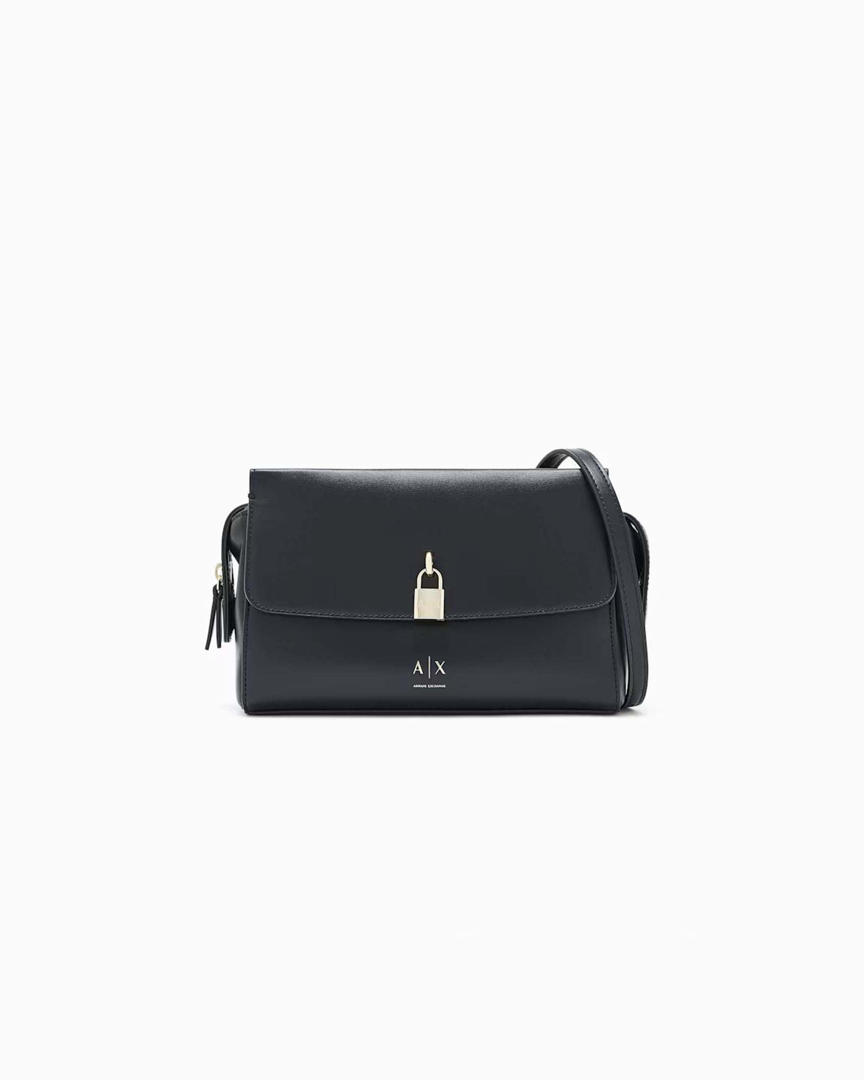 Borsa messanger Armani Exchange nera in similpelle liscia con lucchetto e tracolla regolabile