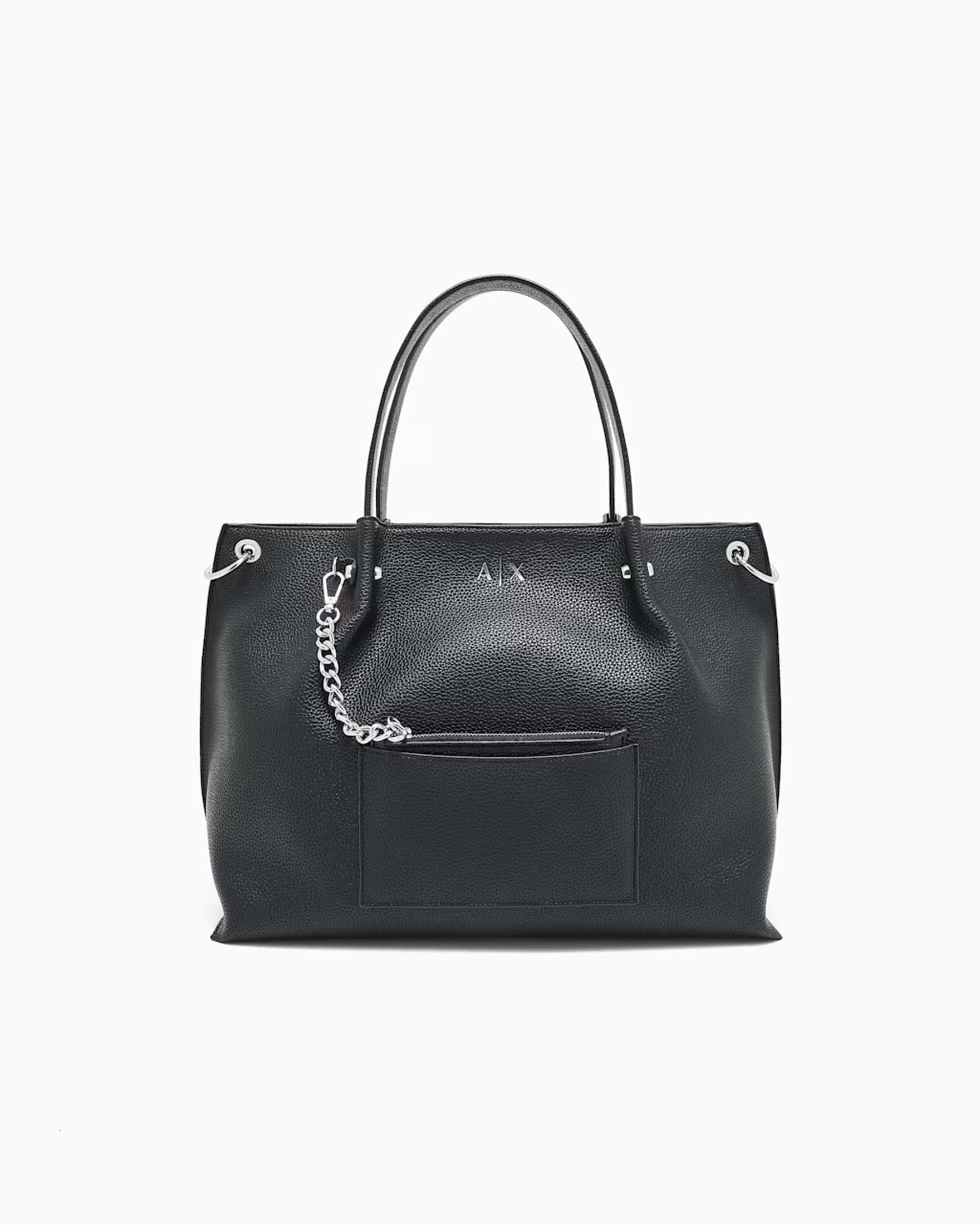 Borsa shopper Armani Exchange nera in similpelle con tasca esterna e portacarte agganciato