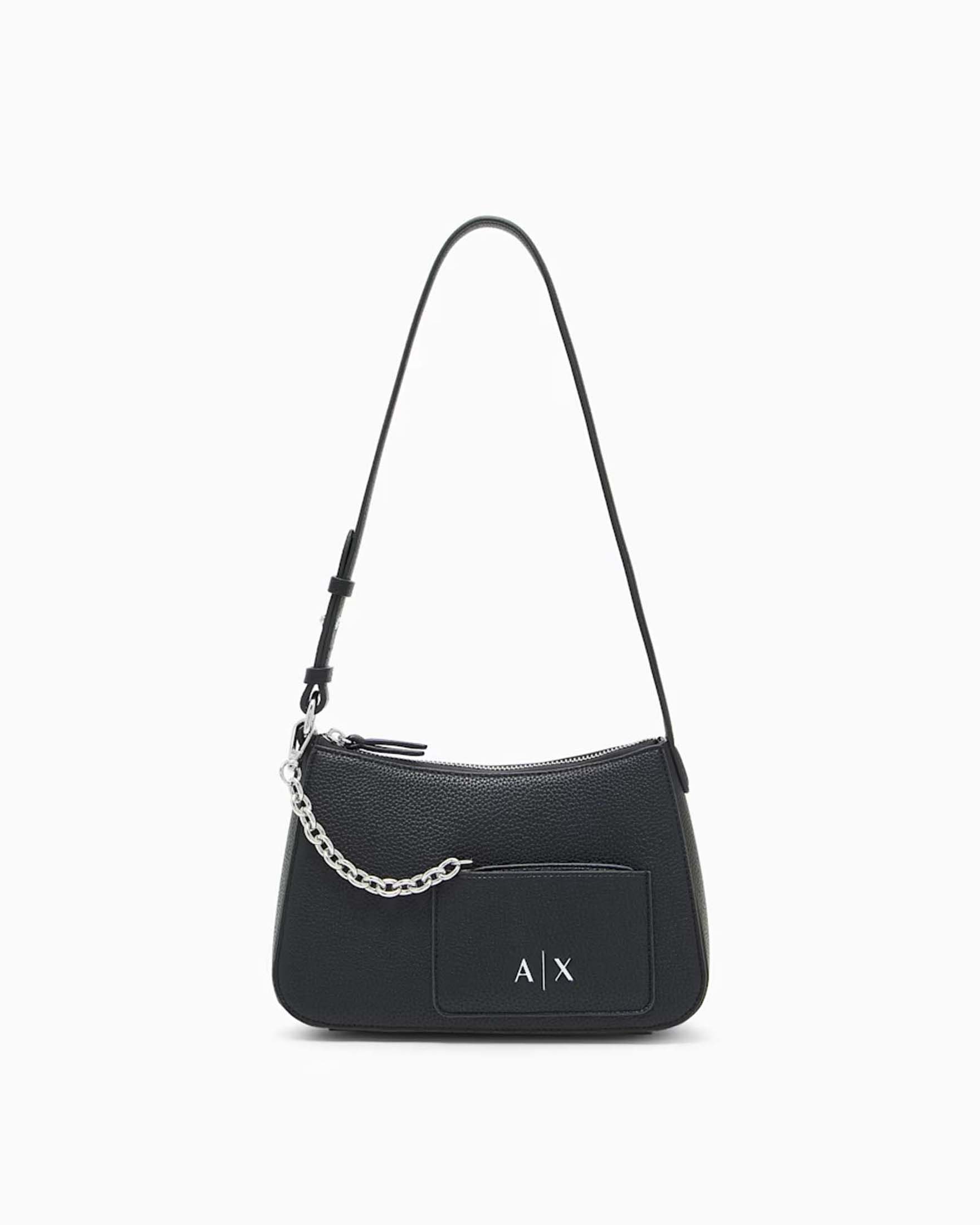 Mini borsa hobo Armani Exchange nera in similpelle texturizzata con portacarte e tasca esterni