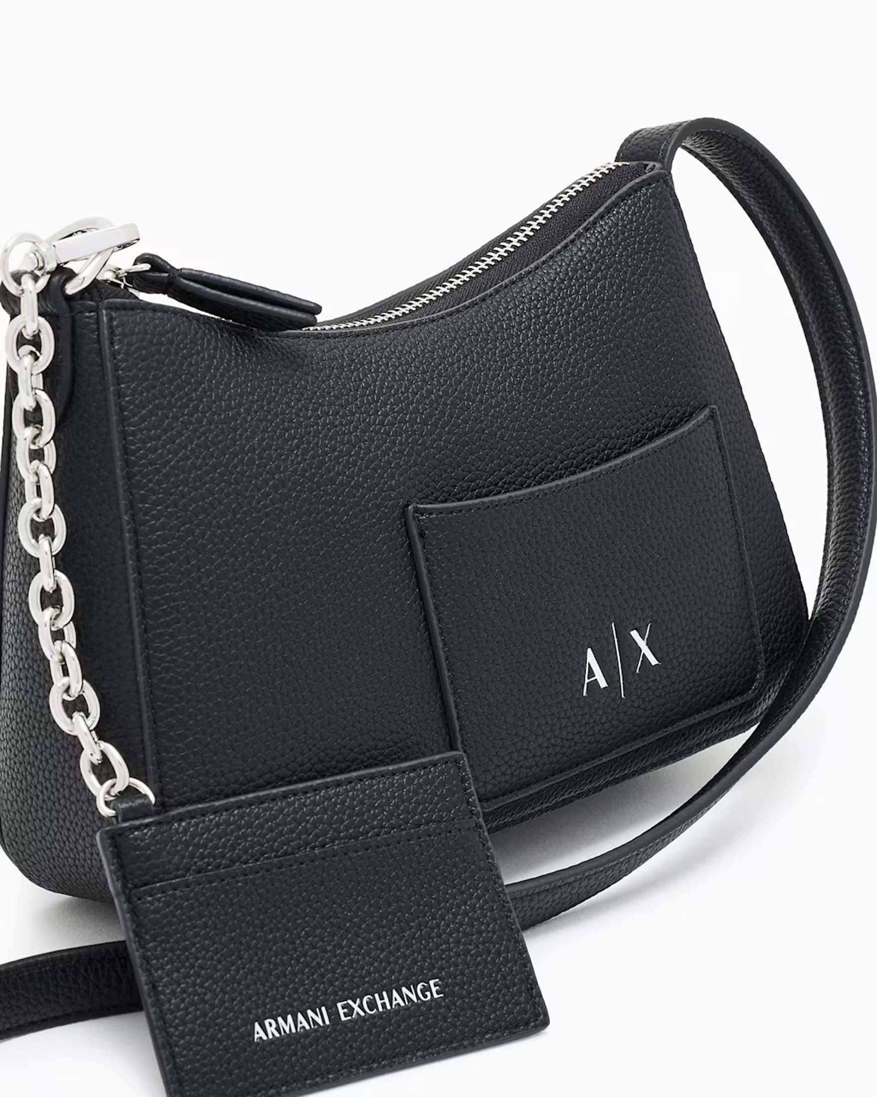 Mini borsa hobo Armani Exchange nera in similpelle texturizzata con portacarte e tasca esterni image