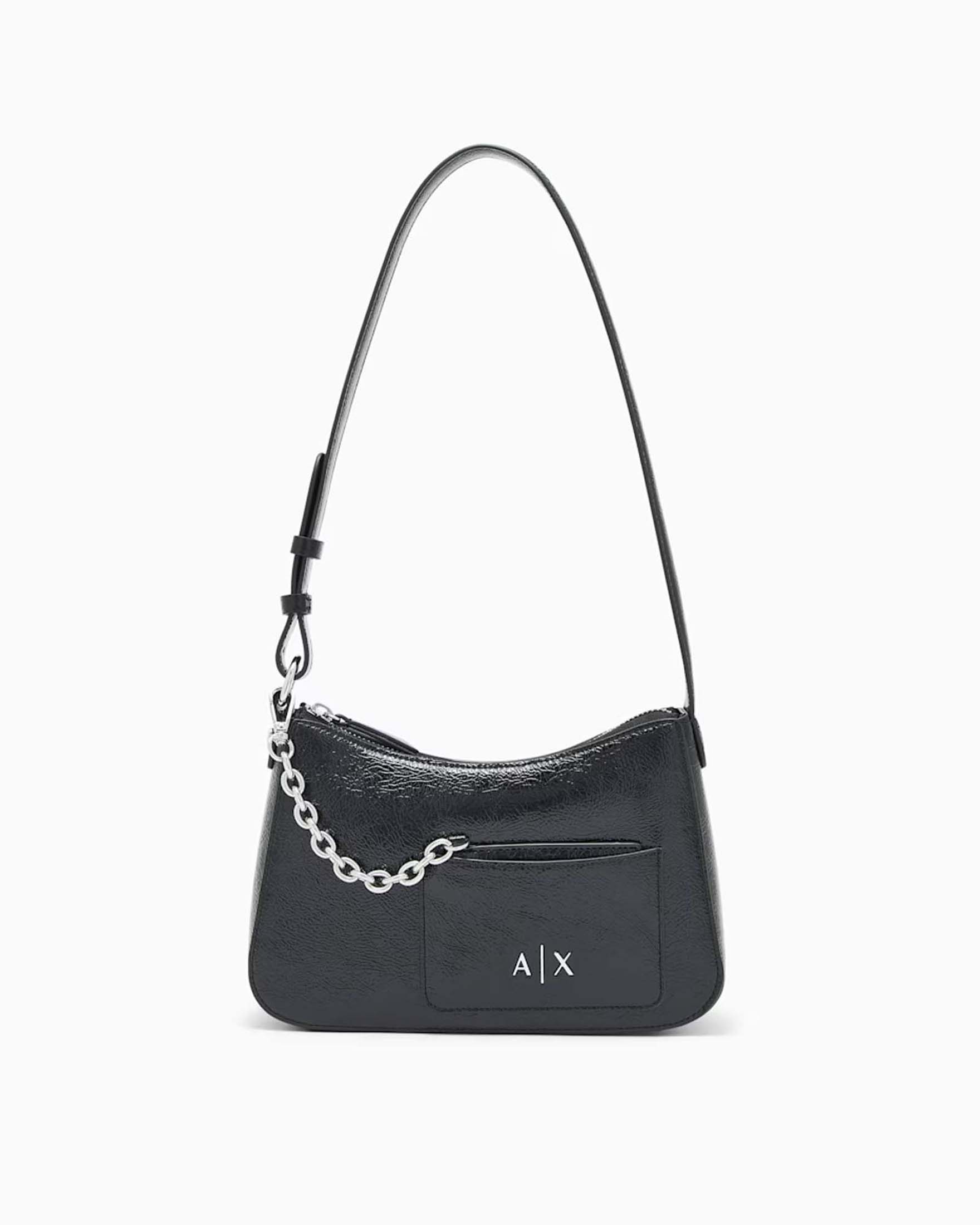 Mini borsa hobo Armani Exchange nera in similpelle lucida con portacarte e tasca esterni
