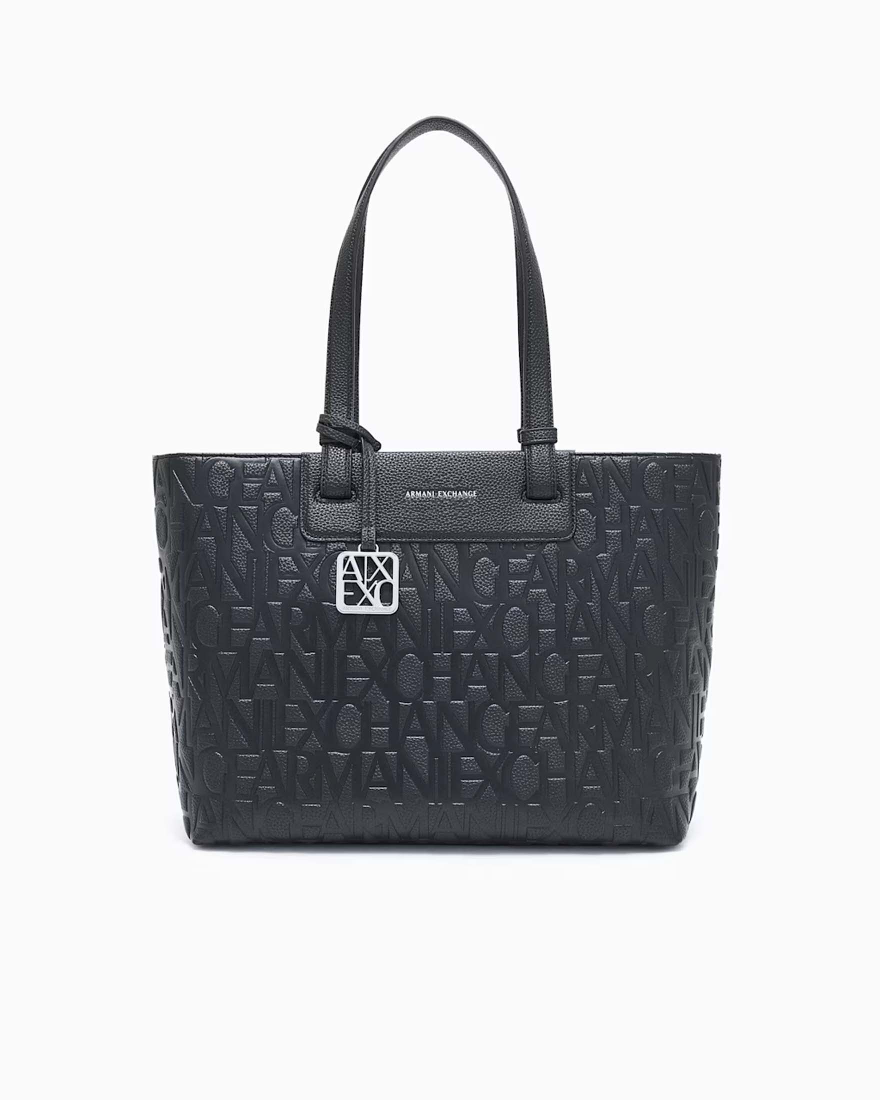Shopper Armani Exchange nera con motivo logo in rilievo all over e charm metallico