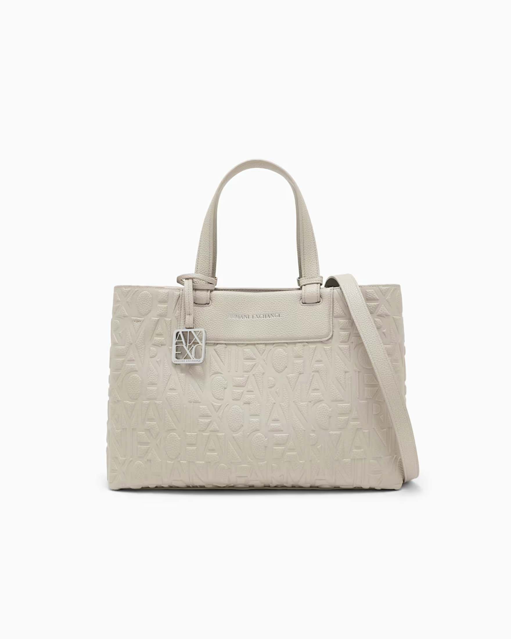 Shopper media Armani Exchange gesso in similpelle lucida con motivo goffrato e charm metallico