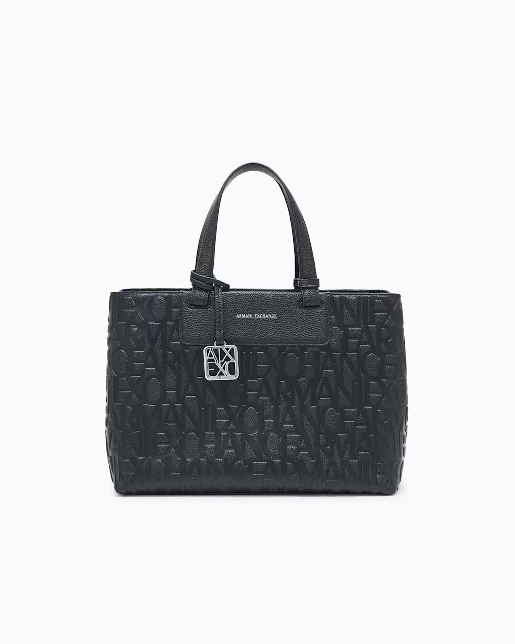 Shopper media Armani Exchange nera in similpelle lucida con motivo goffrato e charm metallico