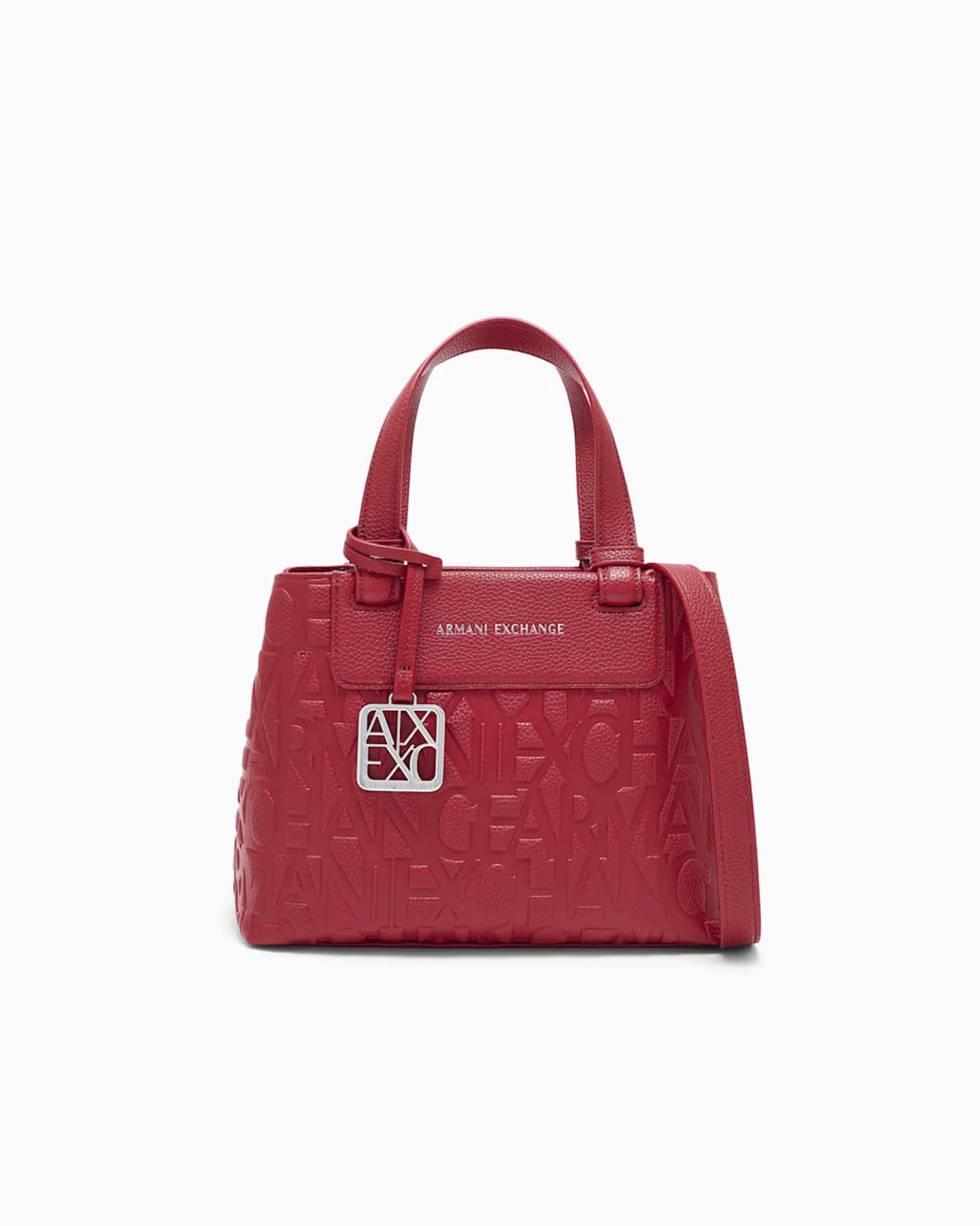 Shopper piccola Armani Exchange rossa in similpelle lucida con motivo goffrato e charm metallico