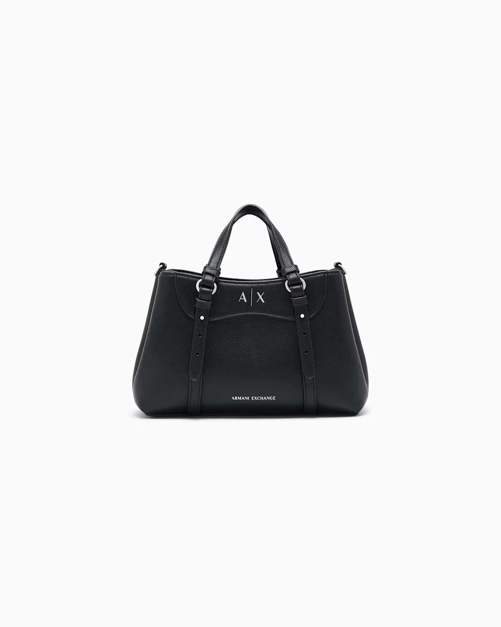 Shopping bag piccola Armani Exchange nera testurizzata a tre scomparti con manici regolabili e logo