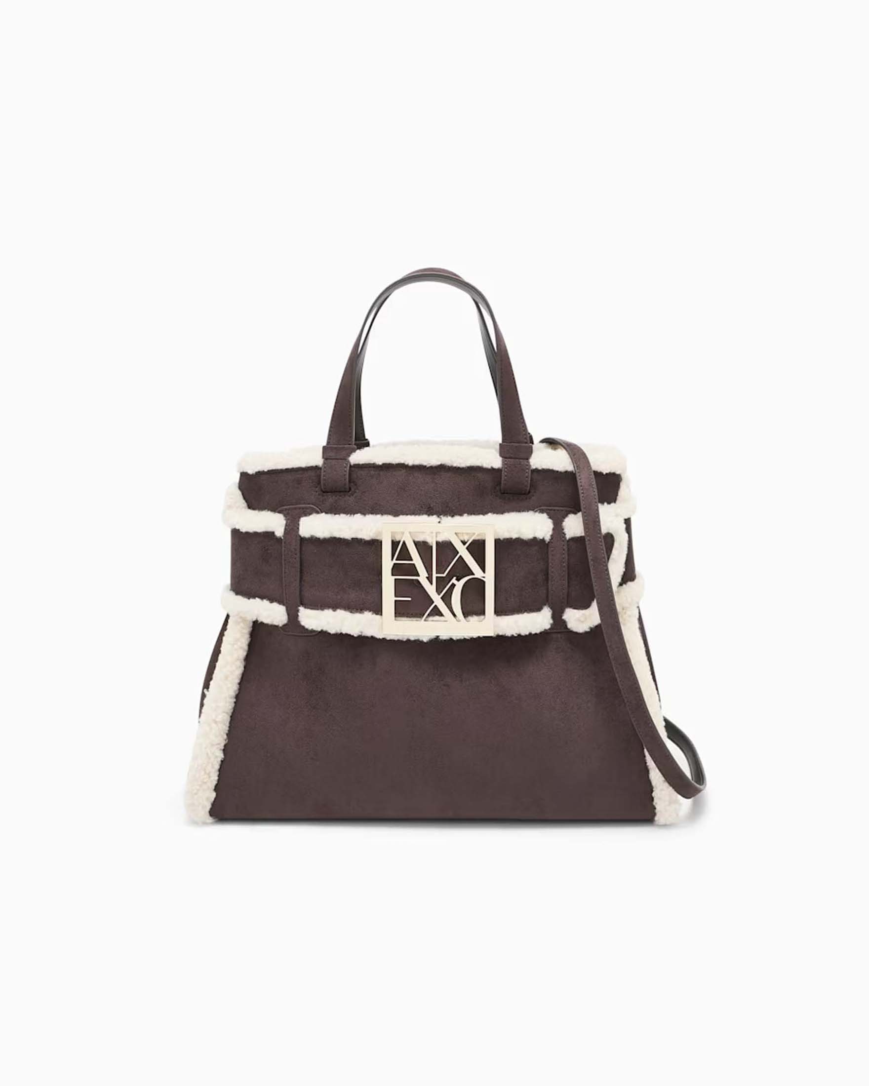 Borsa shopping Armani Exchange marrone scamosciata con profili effetto shearling e placca logo