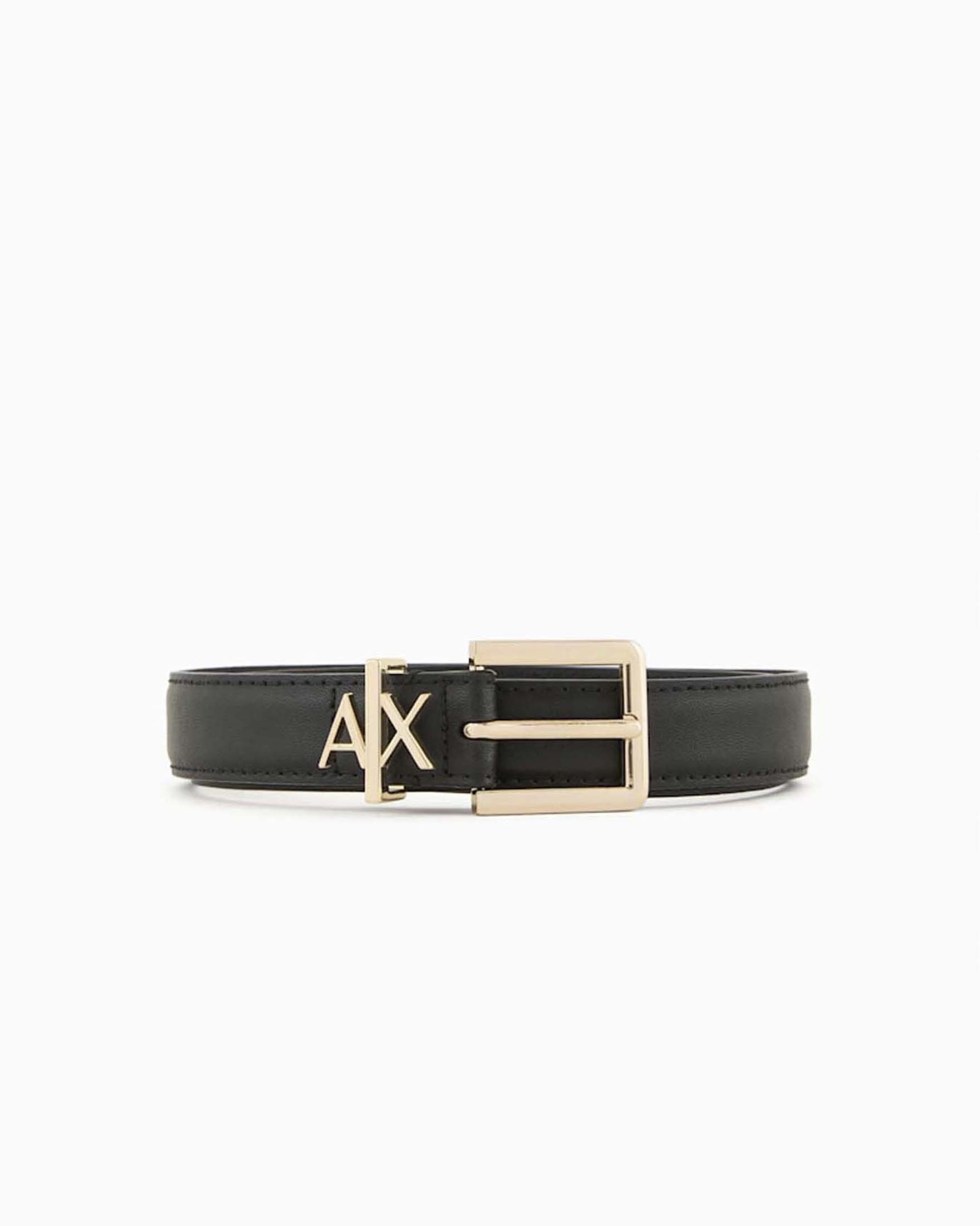 Cintura sottile Armani Exchange nera in pelle con fibbia metallica logo dorata