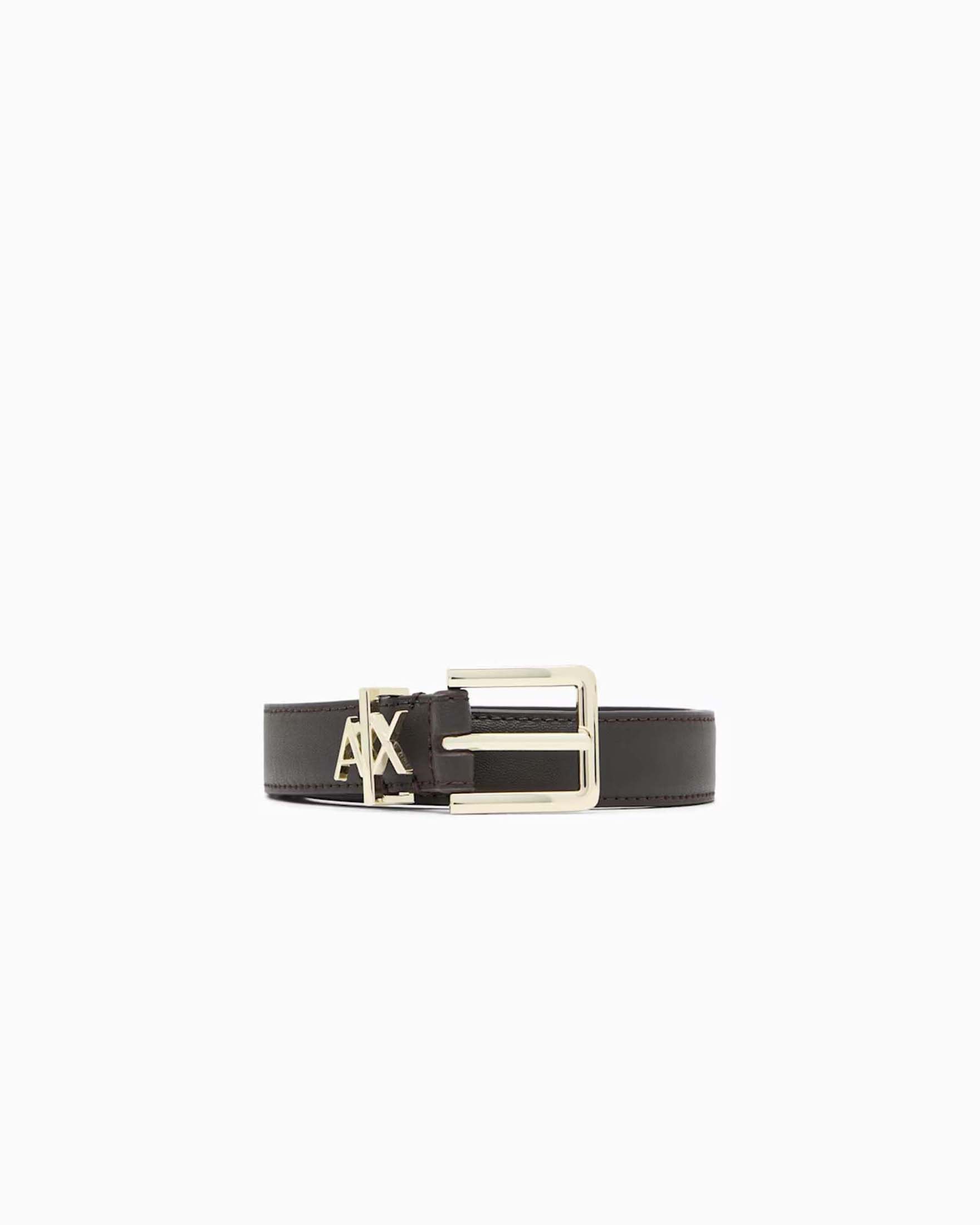 Cintura sottile Armani Exchange testa di moro in pelle con fibbia metallica logo dorata