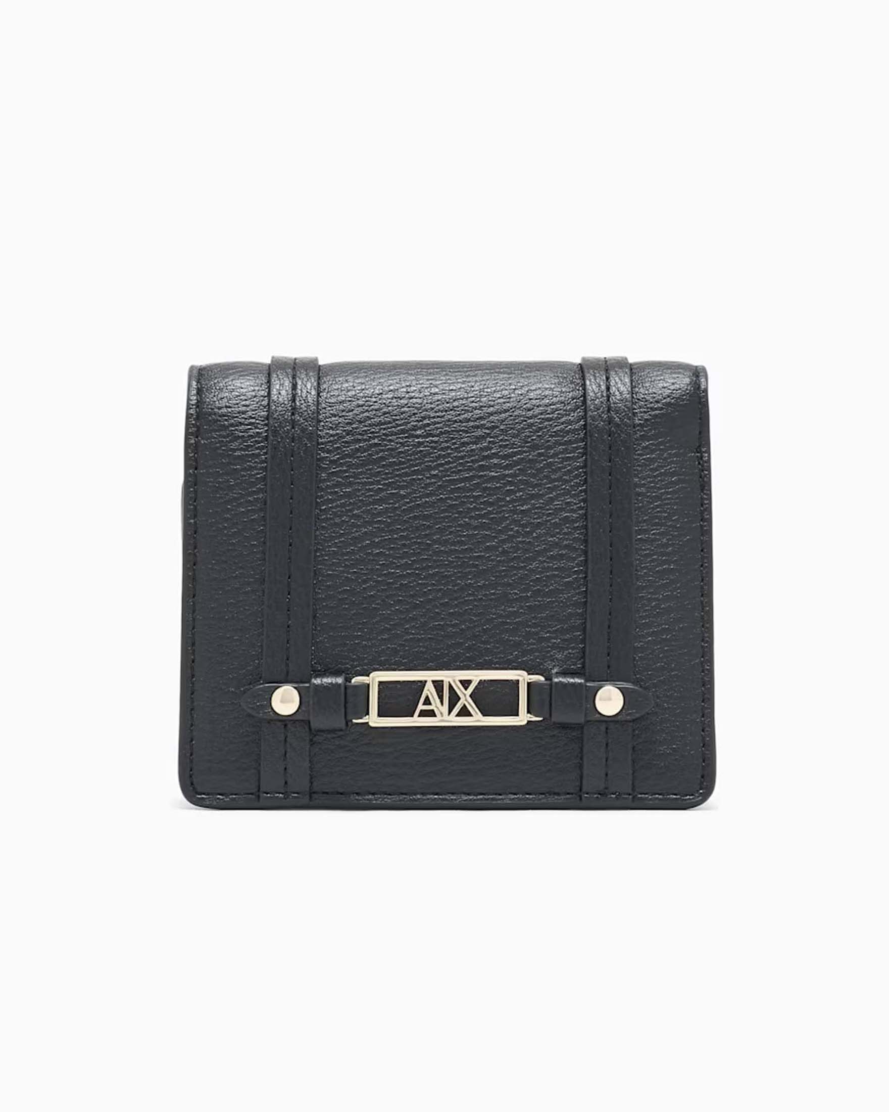 Mini portafoglio Armani Exchange nero in similpelle effetto martellato con cinturini e logo dorato