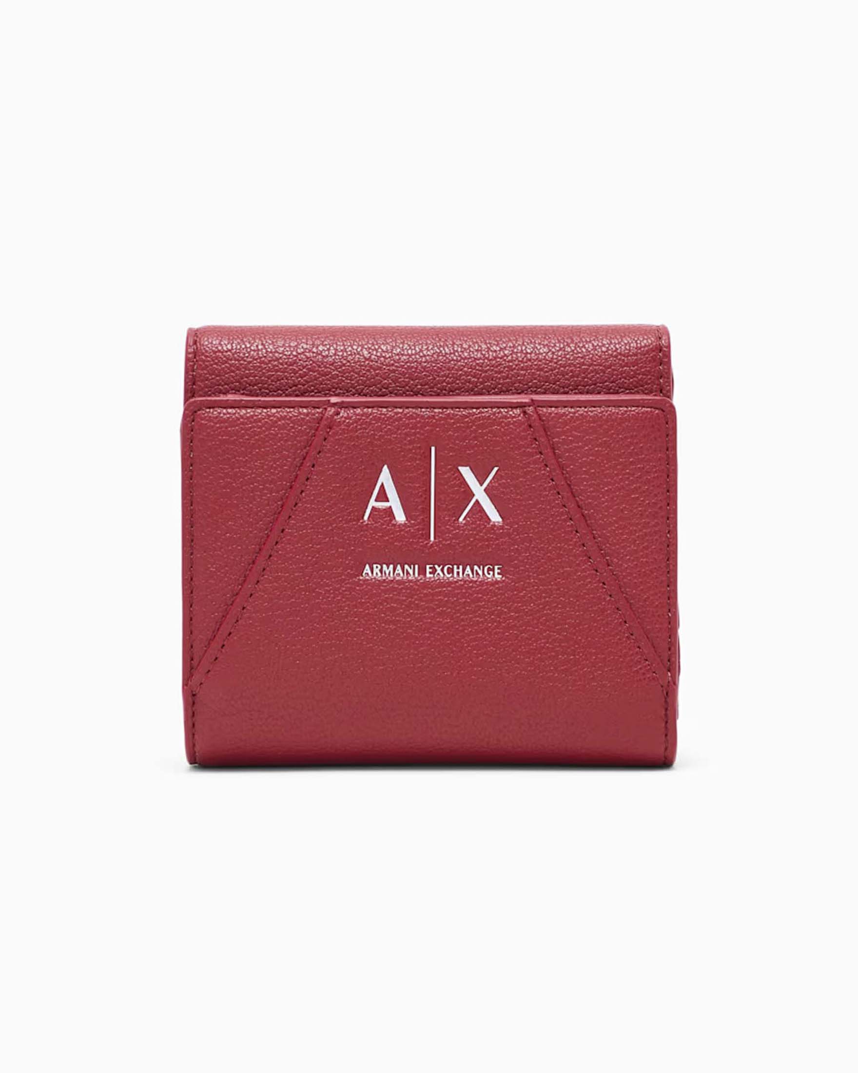 Portafoglio compatto Armani Exchange rosso in similpelle con cuciture diagonali e logo argento davanti