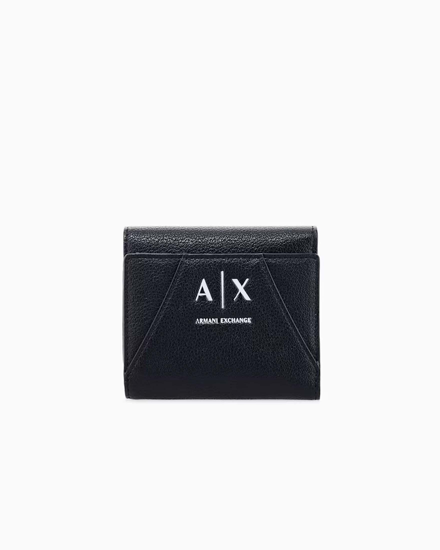 Portafoglio compatto Armani Exchange nero in similpelle con cuciture diagonali e logo argento davanti