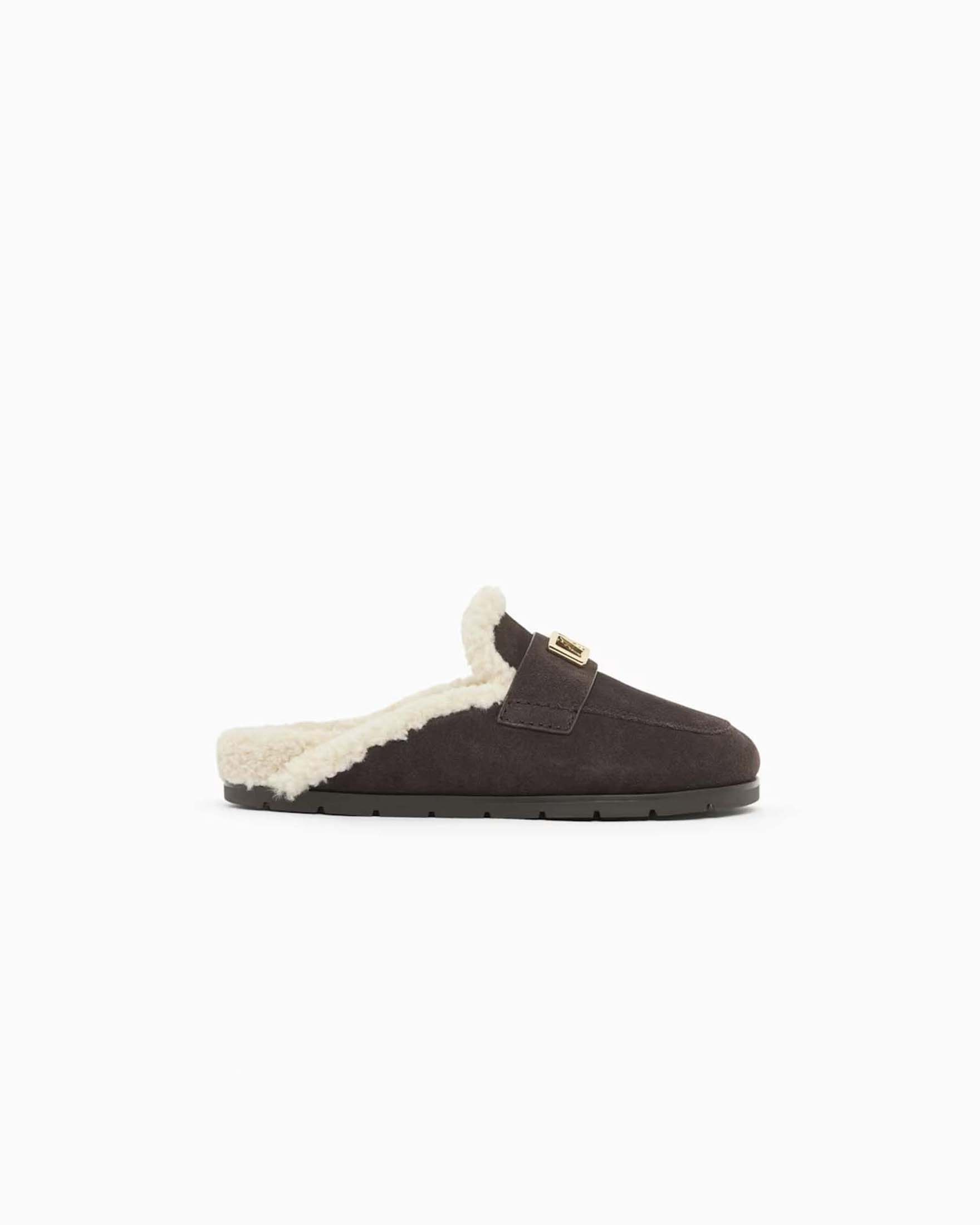 Sabot slip-on Armani Exchange testa di moro in suede con fodera effetto teddy a contrasto