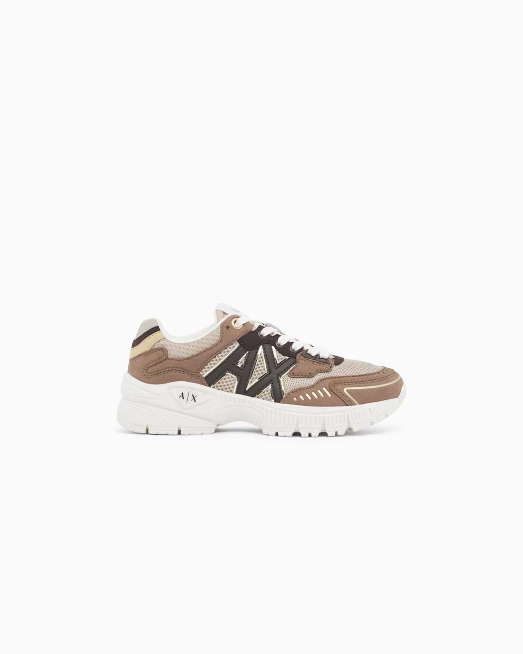 Sneakers Speed Zebra Armani Exchange beige e marroni in rete e microfibra con dettagli lucidi