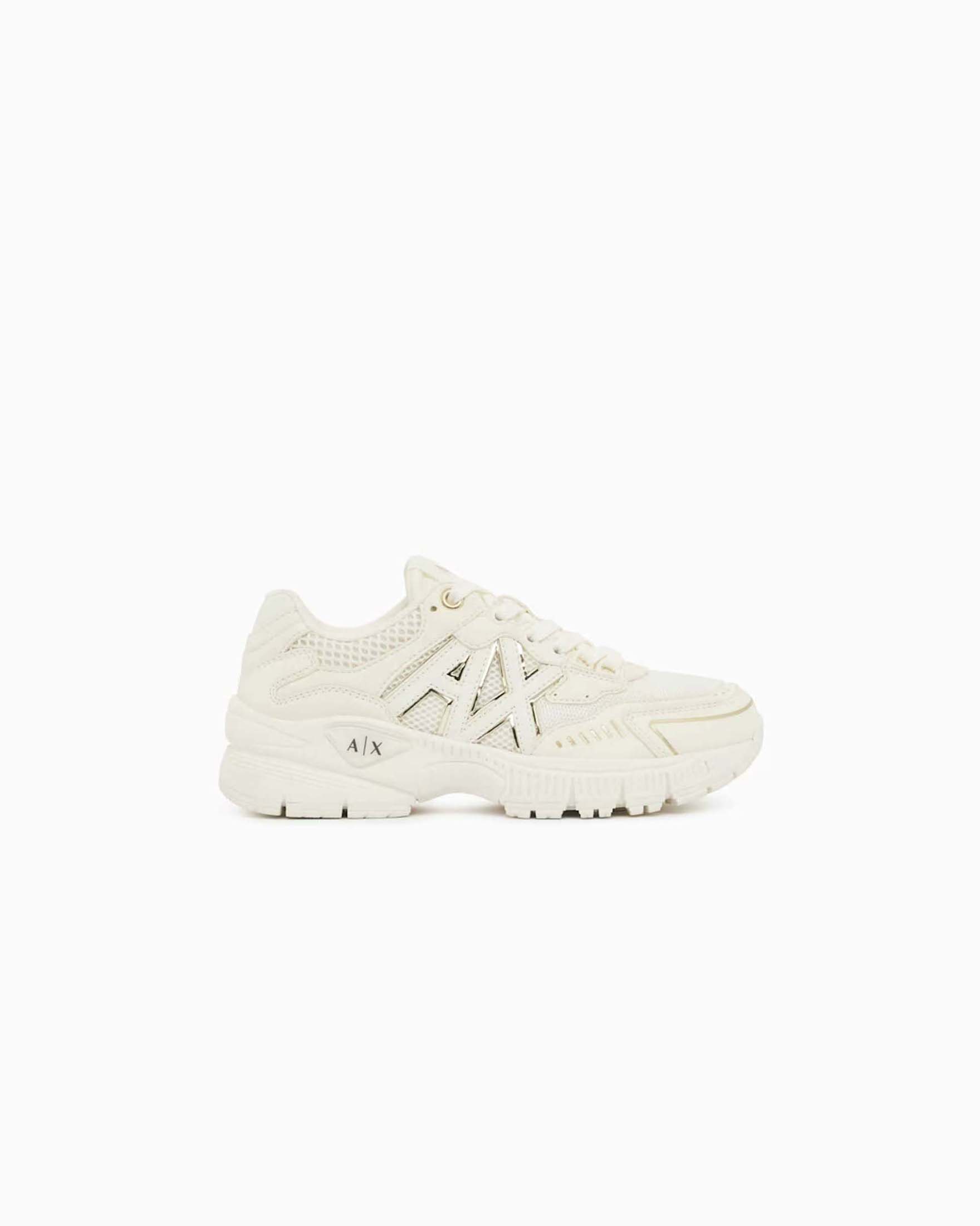 Sneakers Speed Zebra Armani Exchange color panna e oro in rete e microfibra con dettagli lucidi