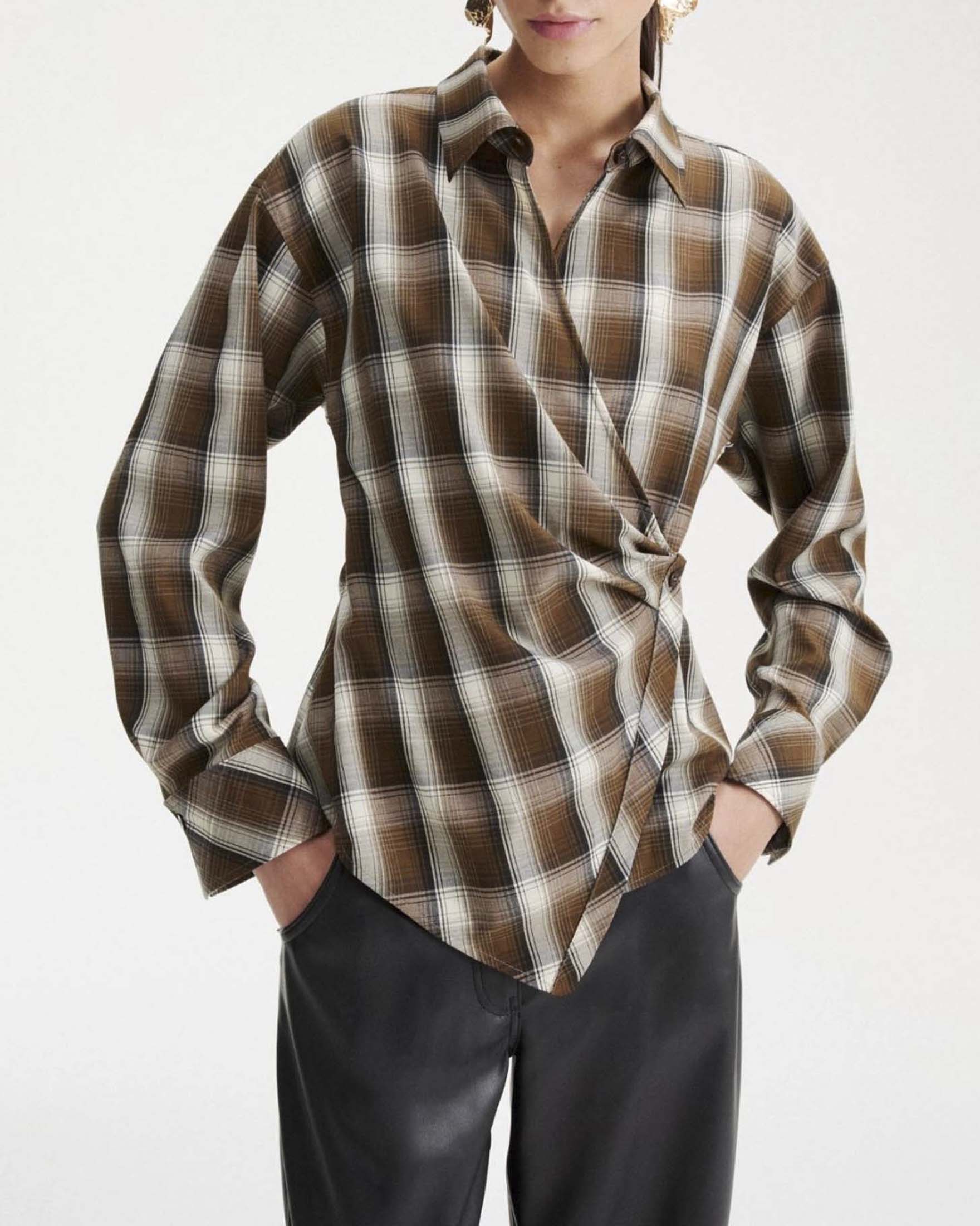 Camicia asimmetrica Marella cuoio e grigia in misto viscosa stretch con fantasia check
