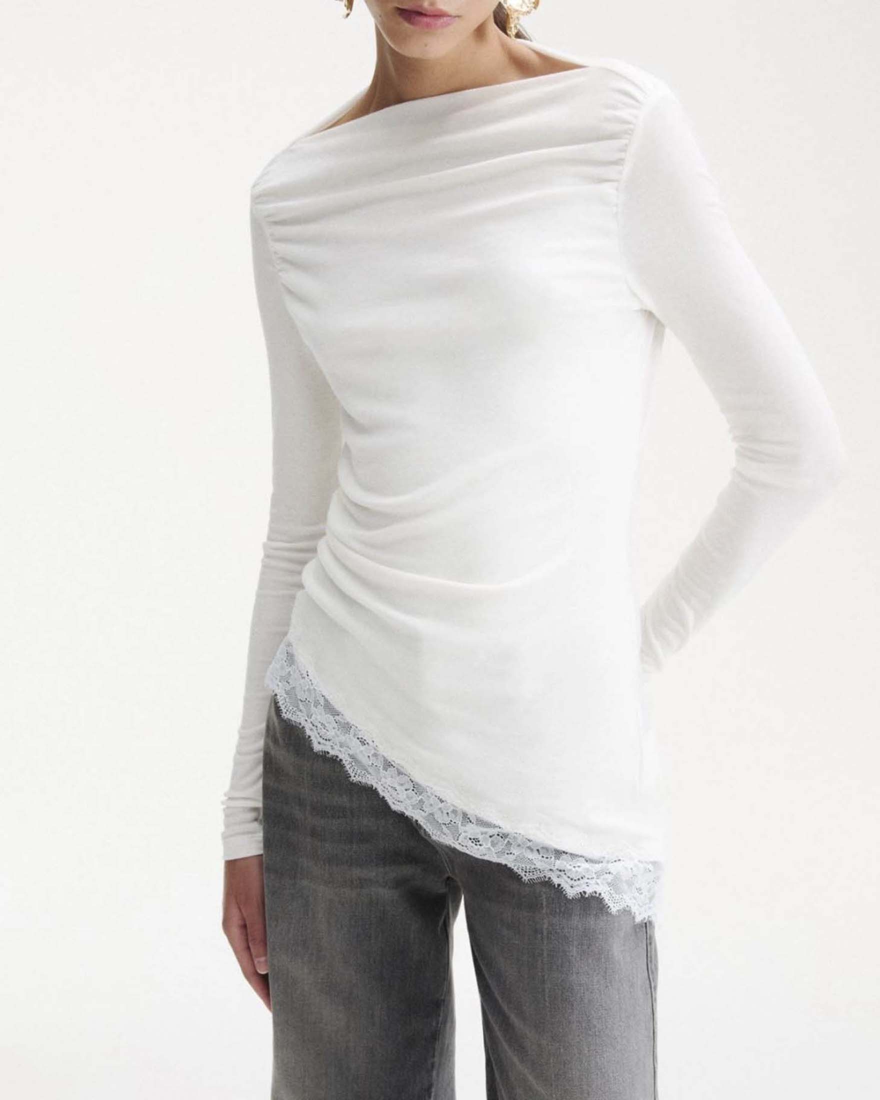 T-shirt maniche lunghe Marella color burro in lyocell e lana stretch con pizzo Chantilly