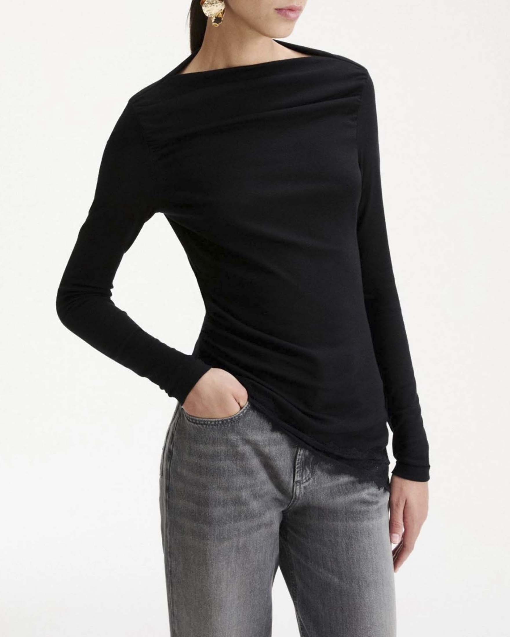 T-shirt maniche lunghe Marella nera in lyocell e lana stretch con pizzo Chantilly