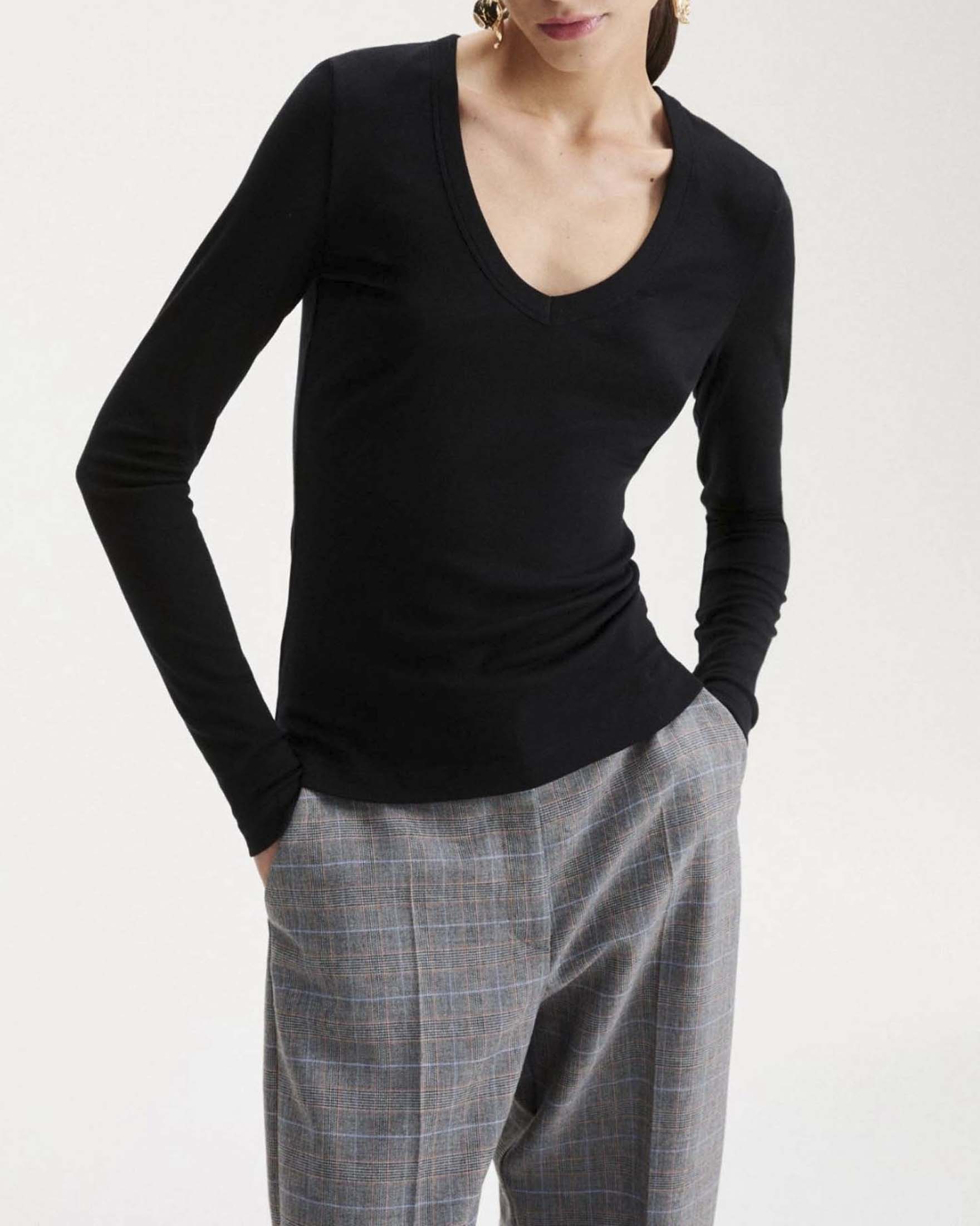 T-shirt maniche lunghe Marella nera in lyocell e lana stretch con scollo a V