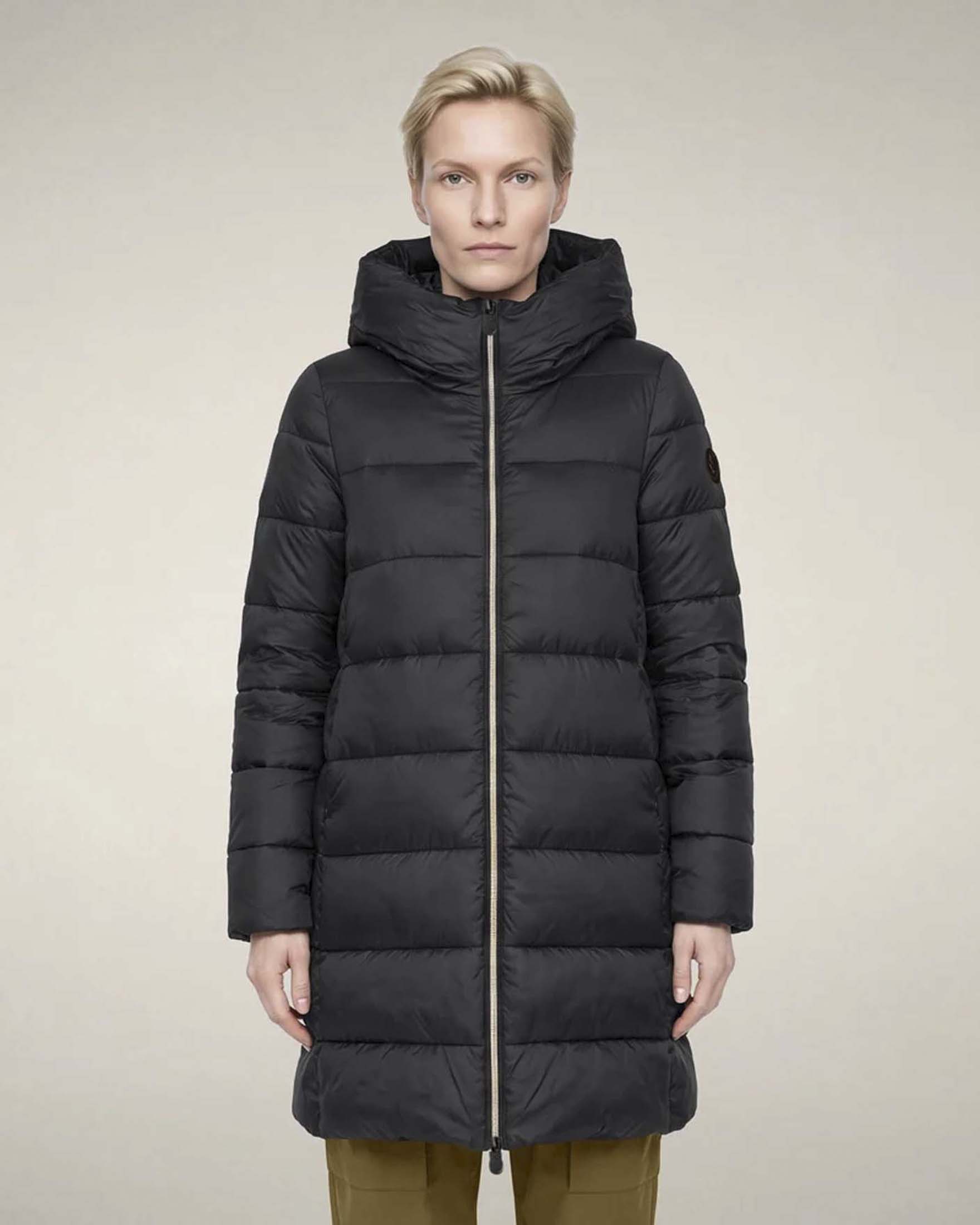 Piumino extra lungo Lysa Save The Duck nero con cappuccio e collo in piedi dotato di tasche con zip