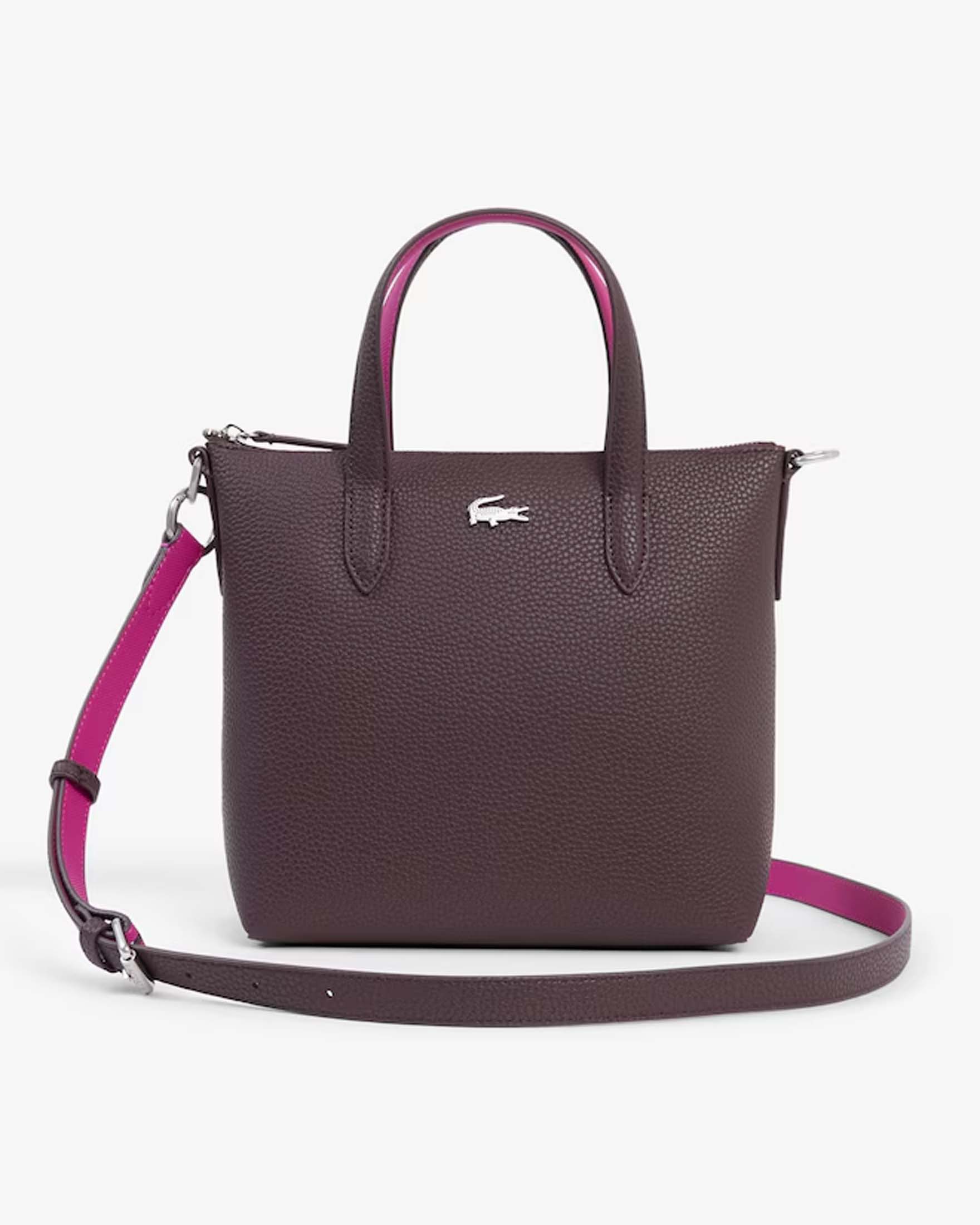 Mini shopping bag Anna Lacoste bordeaux in similpelle martellata con interno fucsia e tracolla