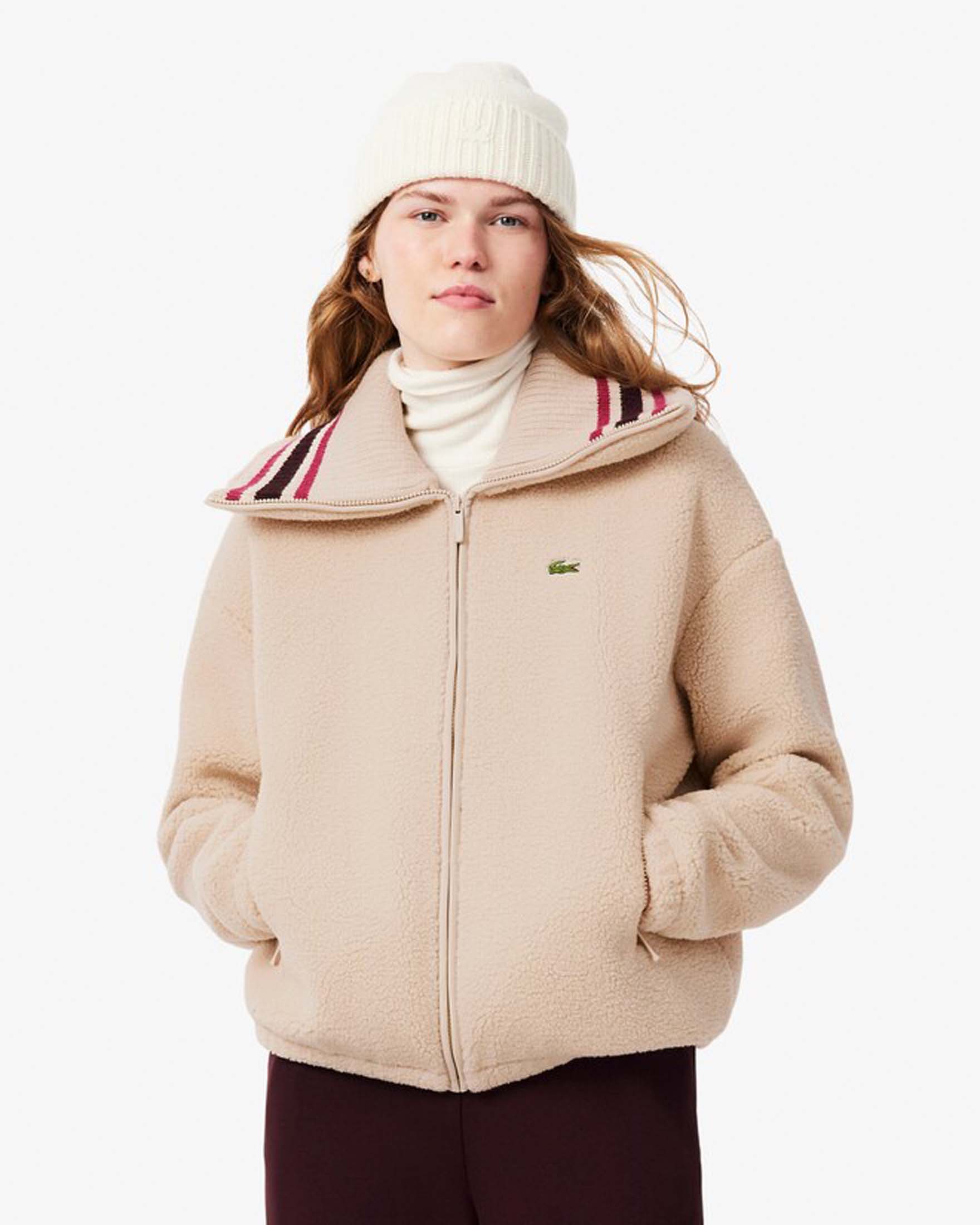 Giacca Lacoste in pile sherpa écru con collo a coste e righe colorate