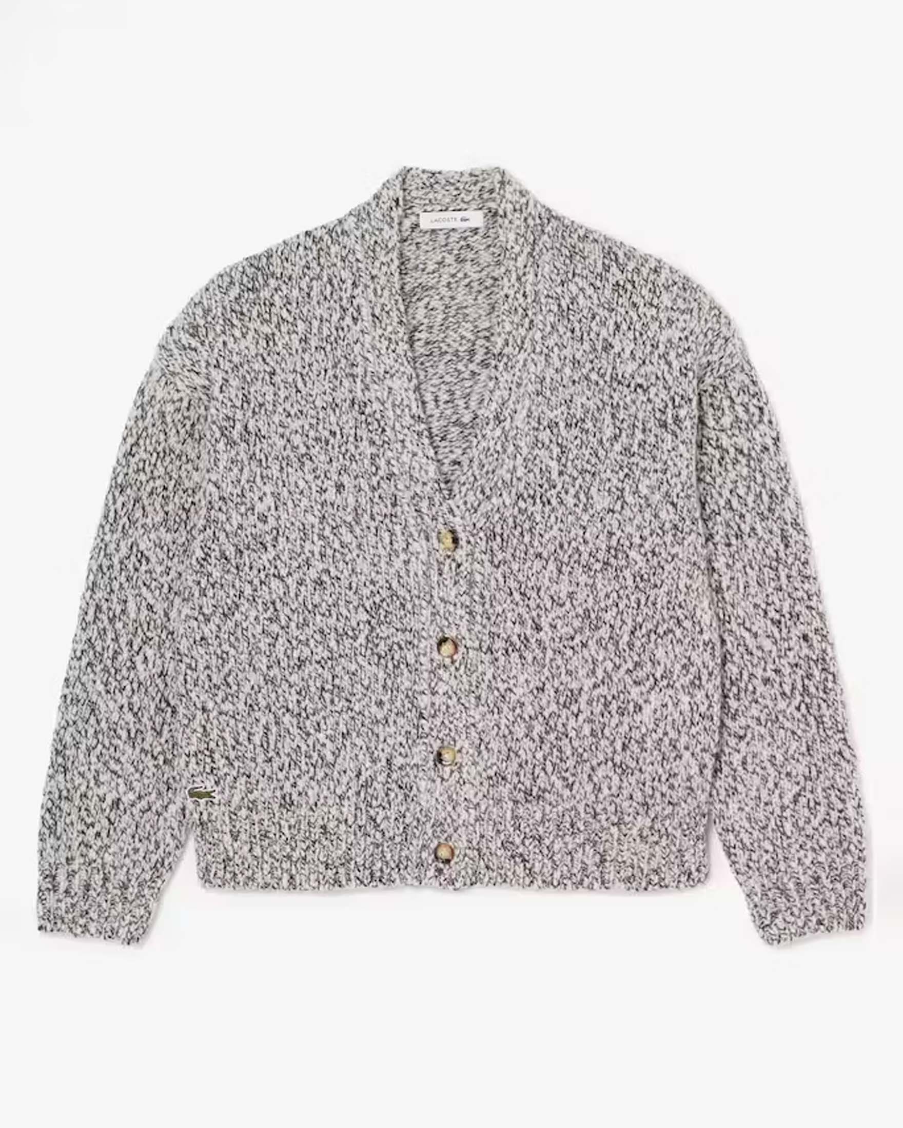 Cardigan scollo a V Lacoste melange bianco e bordeaux in lana mercerizzata con bordi a costine