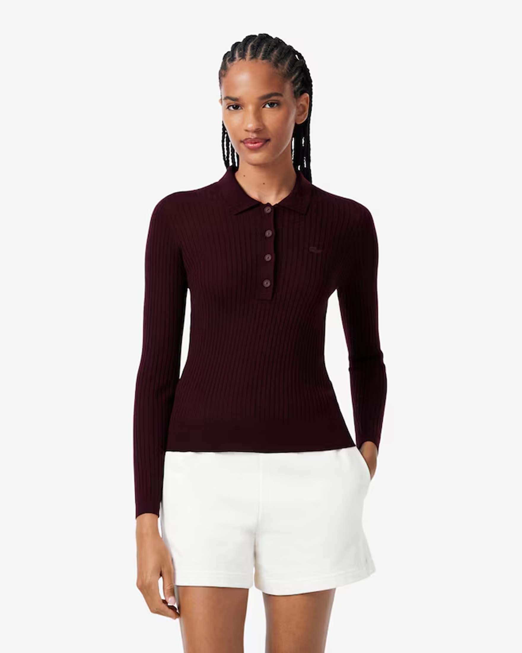 Maglia con colletto a polo Lacoste bordeaux in lana merinos a coste con coccodrillo ricamato