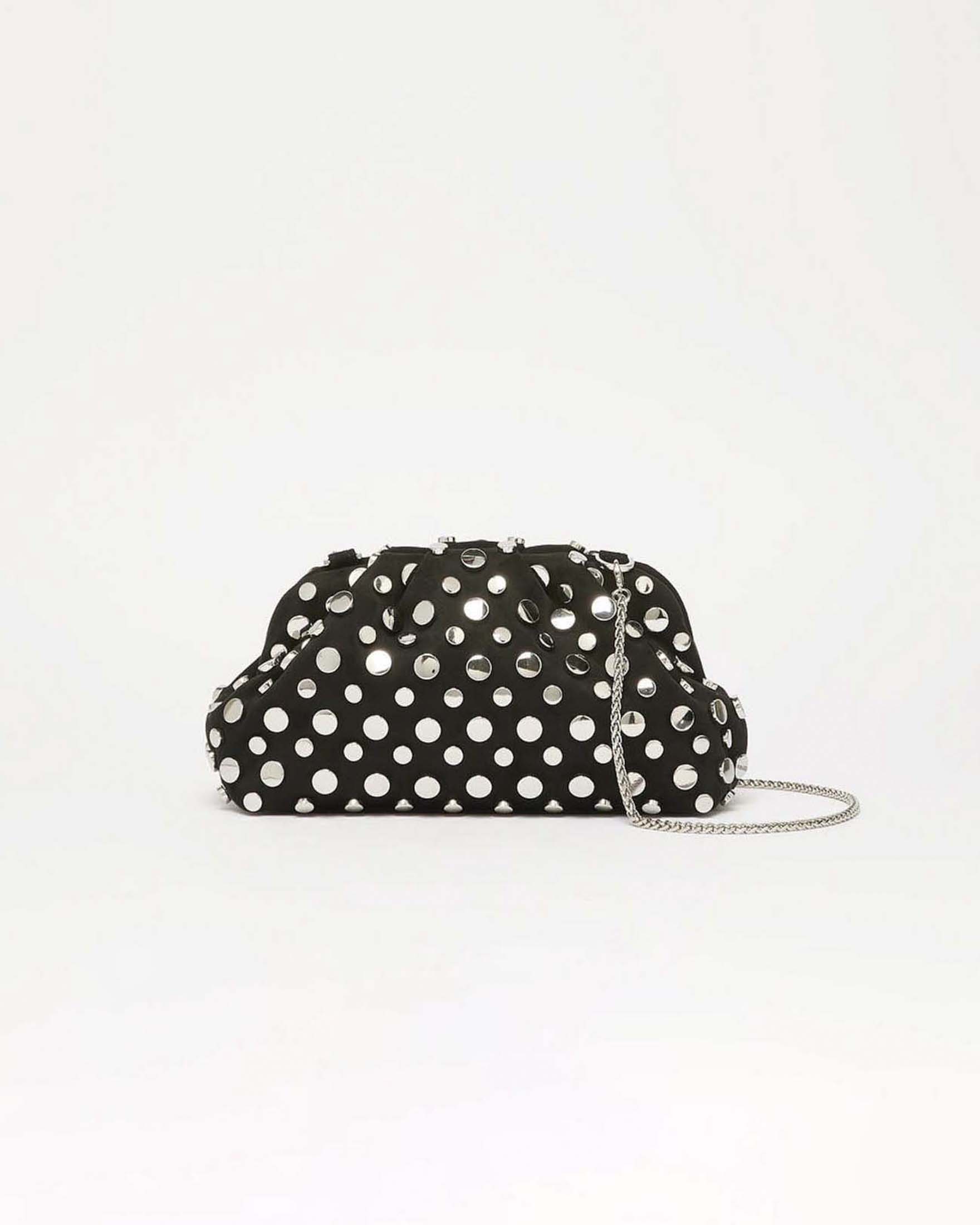 Pochette piccola Marella nera effetto suede con borchie argento e tracolla a catena