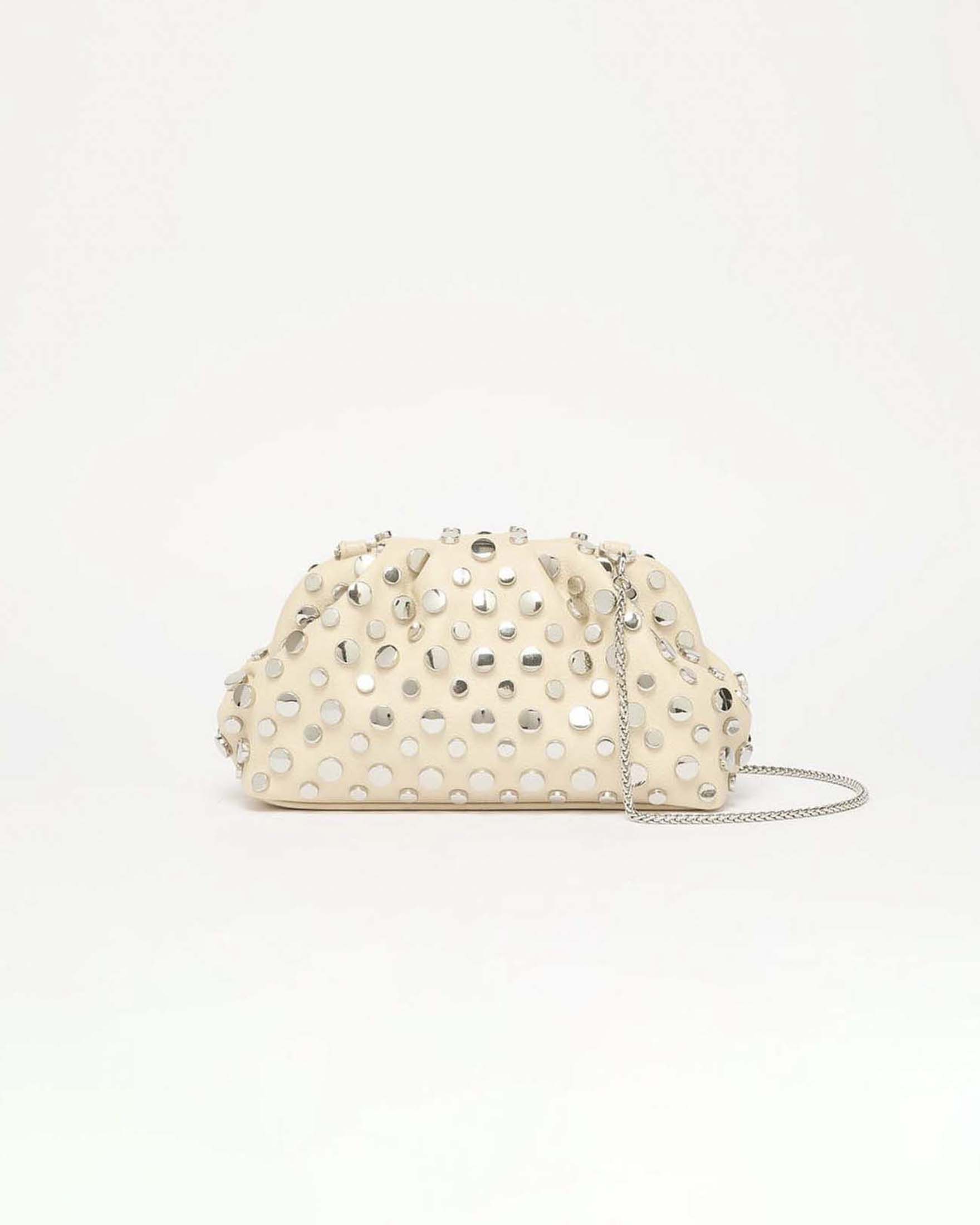 Mini pochette Marella color gesso in similpelle con borchie argento e tracolla removibile