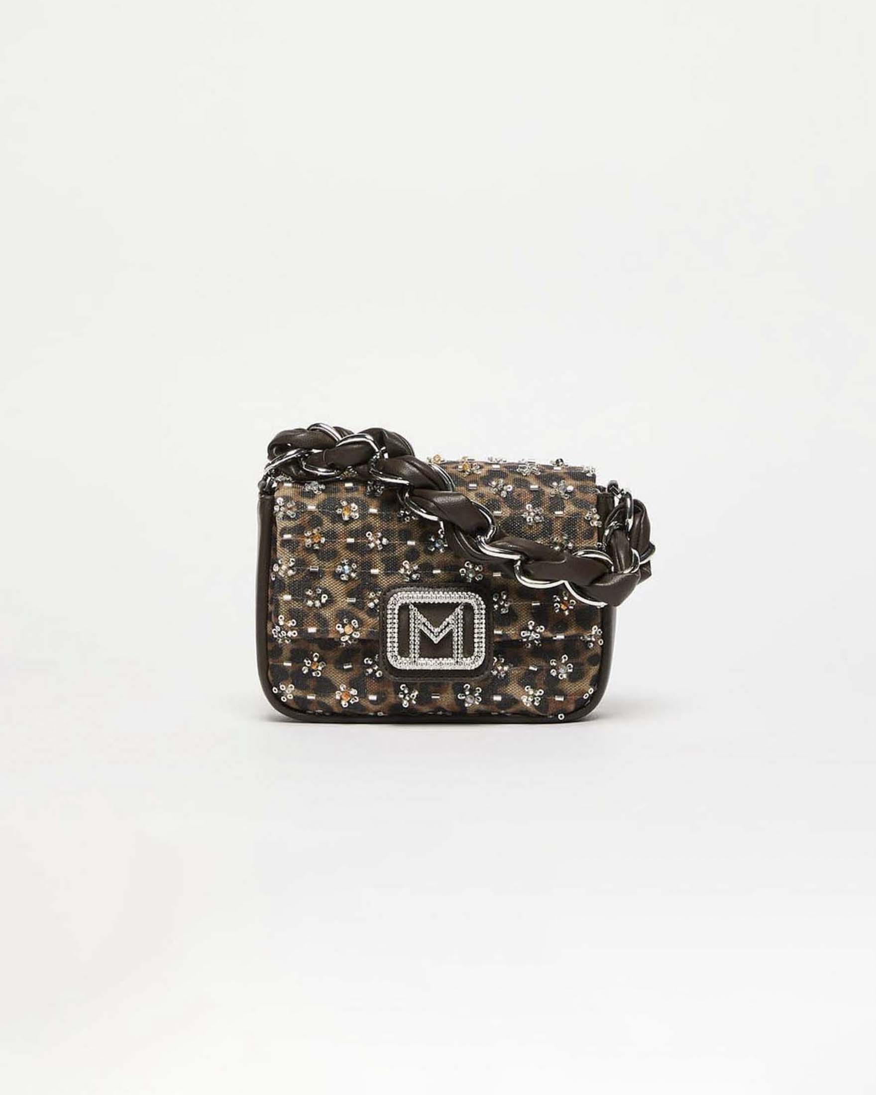 Borsa Le Muse Small Marella in rete animalier con ricamo di perline e placca logo con strass
