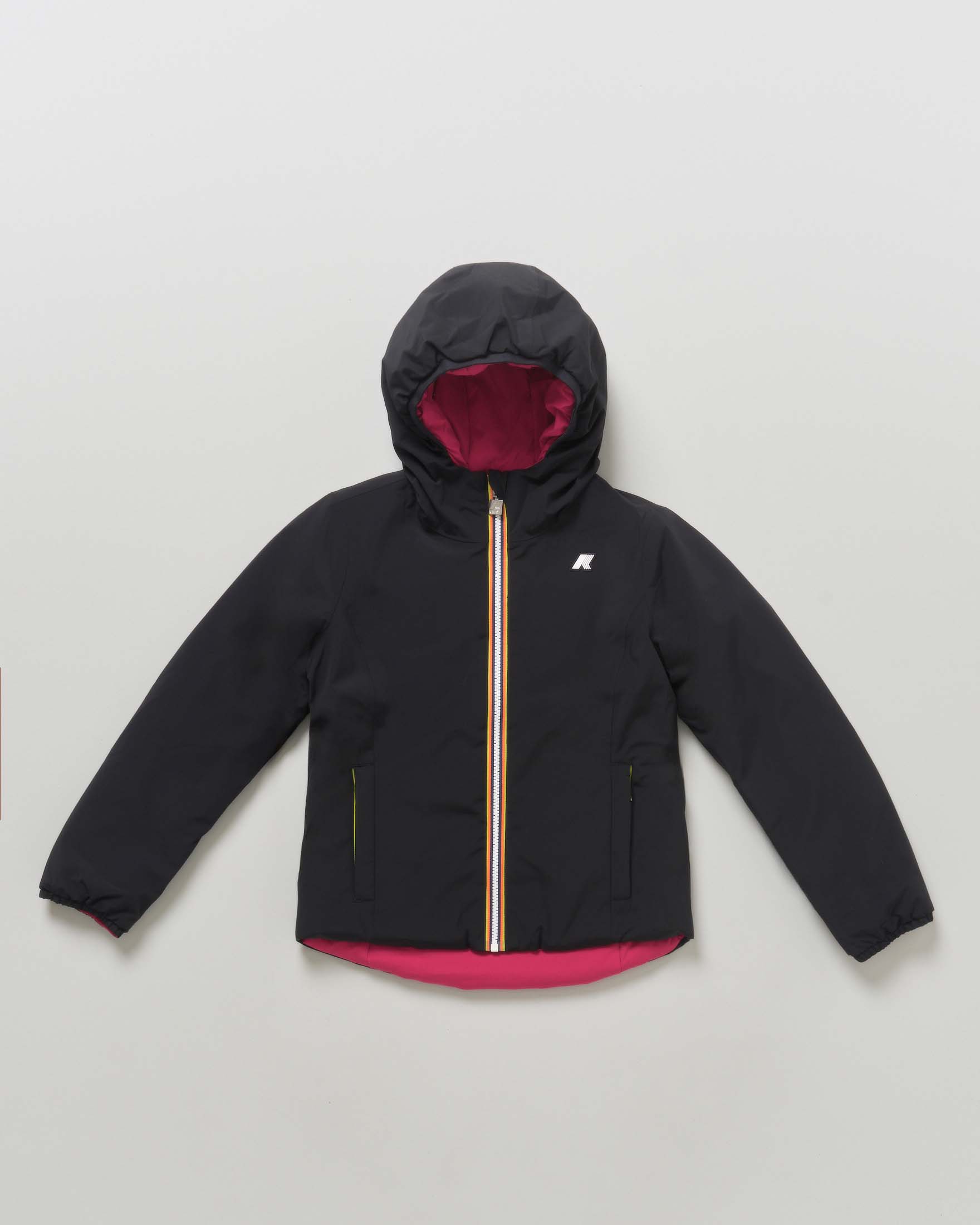 Giubbino K-Way Lily Warm nero in nylon reversibile in color ciclamino opaco con cappuccio fisso