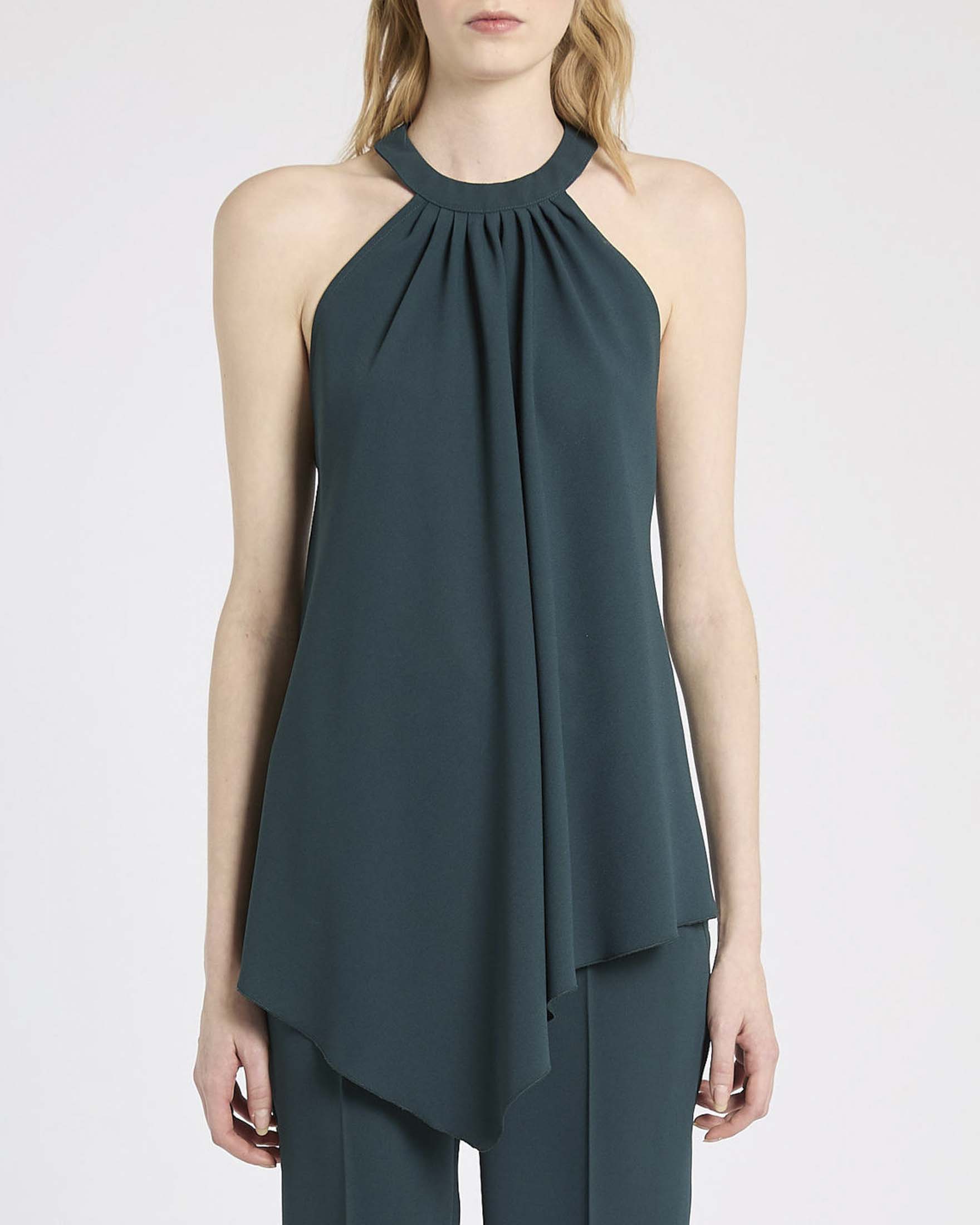 Top Marella 365 ottanio in crêpe envers satin con scollo all'americana e dettagli gioiello