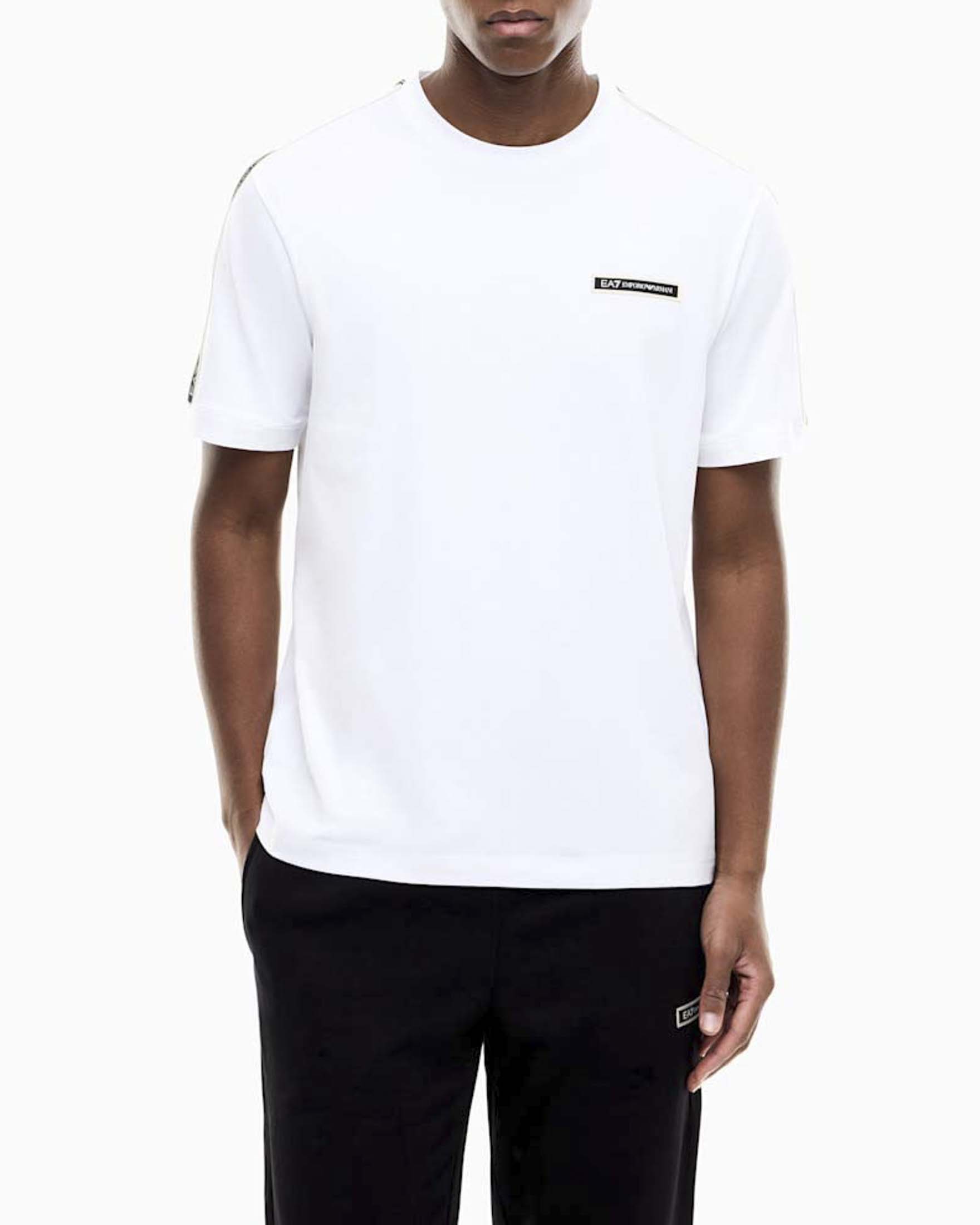 T-shirt EA7 bianca Logo Series in cotone con bande sulle spalle