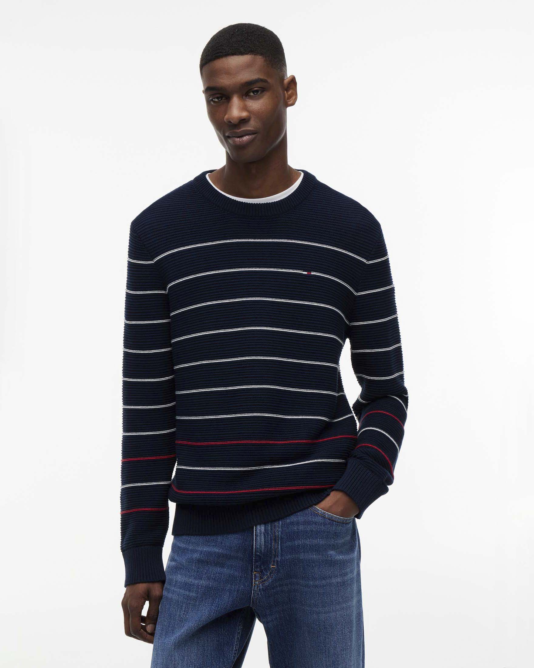 Maglione girocollo Tommy Jeans a righe blu navy in cotone armaturato