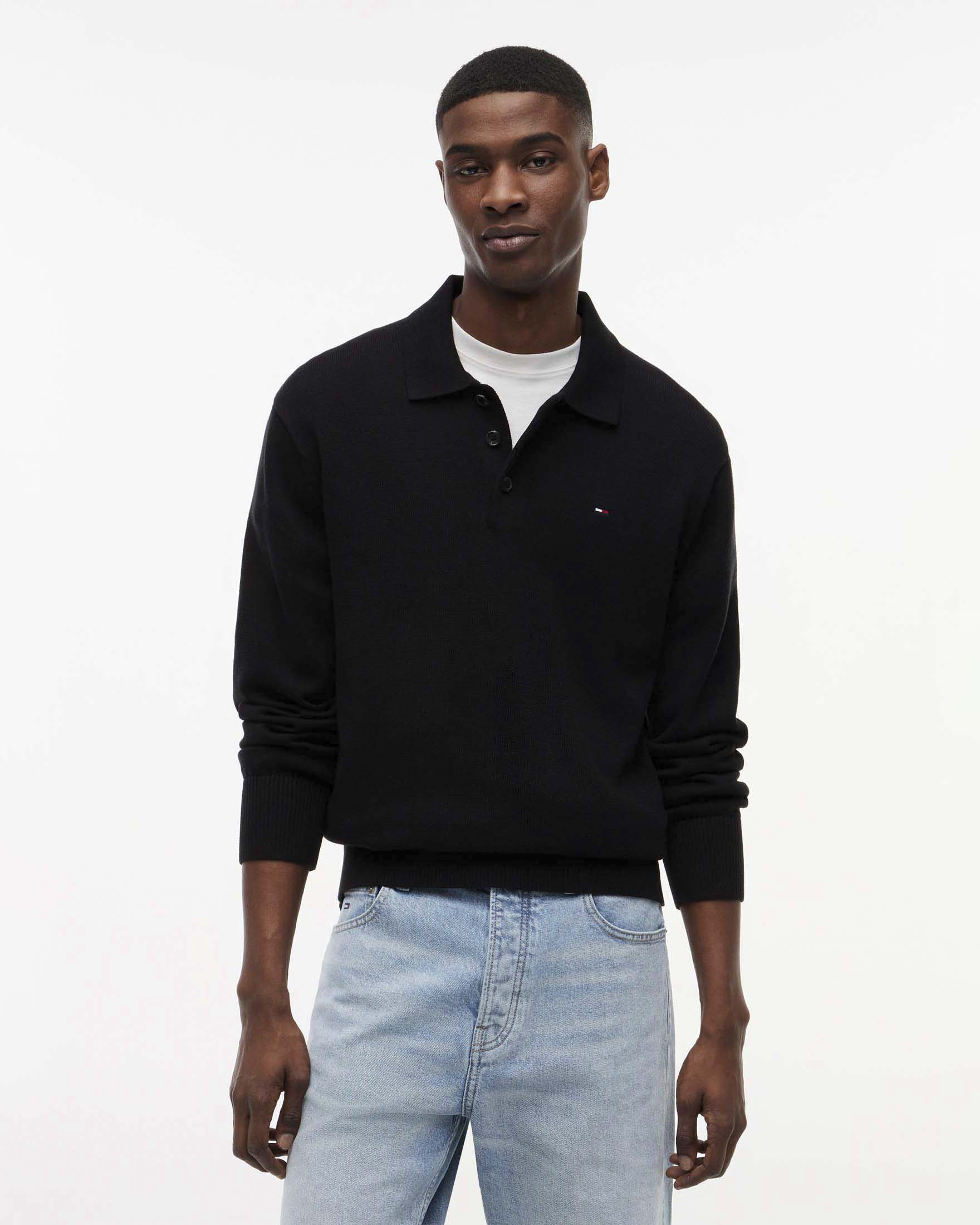 Polo in maglia di cotone a maniche lunghe Tommy Jeans nera