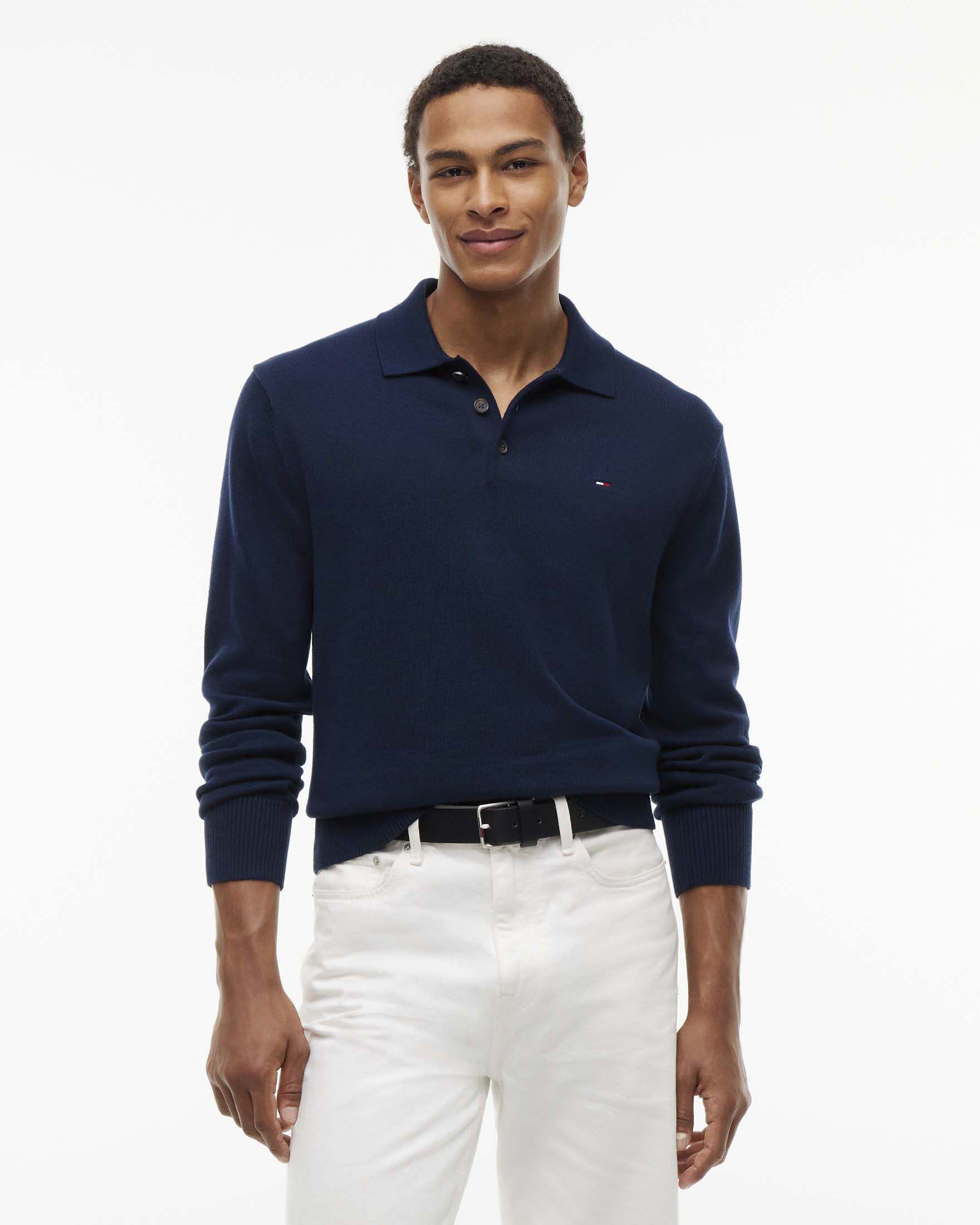 Polo in maglia di cotone a maniche lunghe Tommy Jeans blu