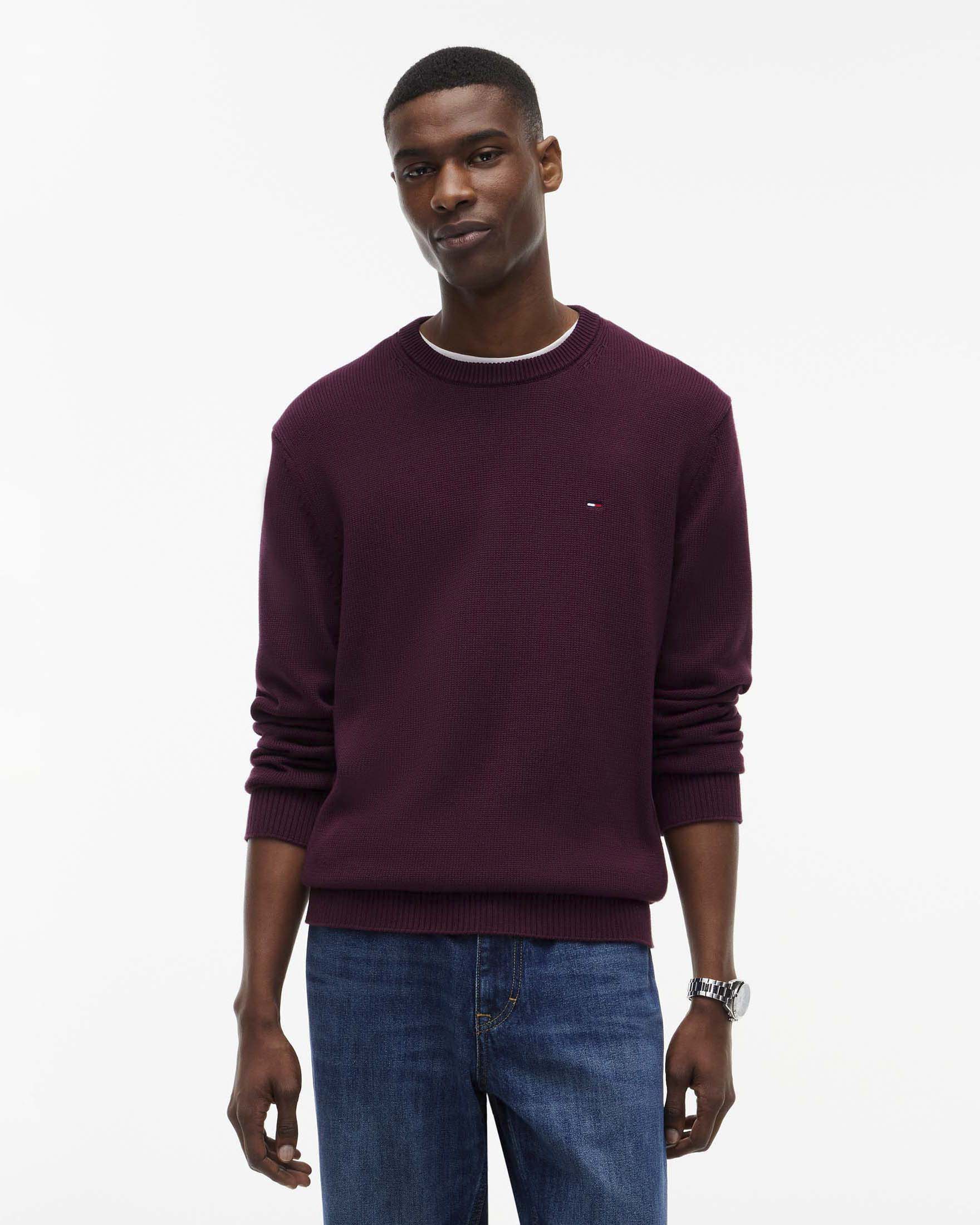 Maglia girocollo Tommy Jeans bordeaux in cotone con logo bandiera ricamato