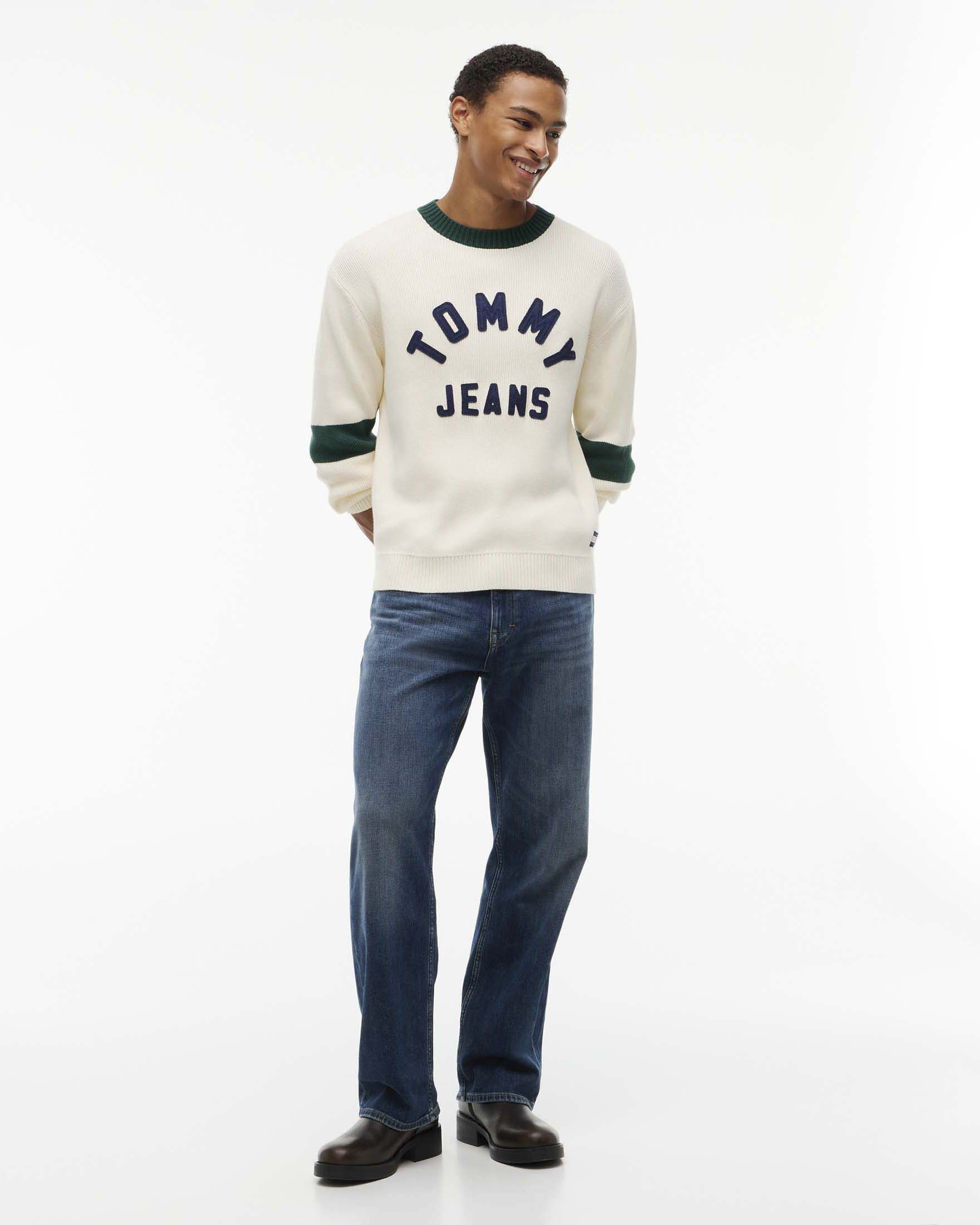 Maglione Tommy Jeans panna in cotone con logo applicato in rilievo