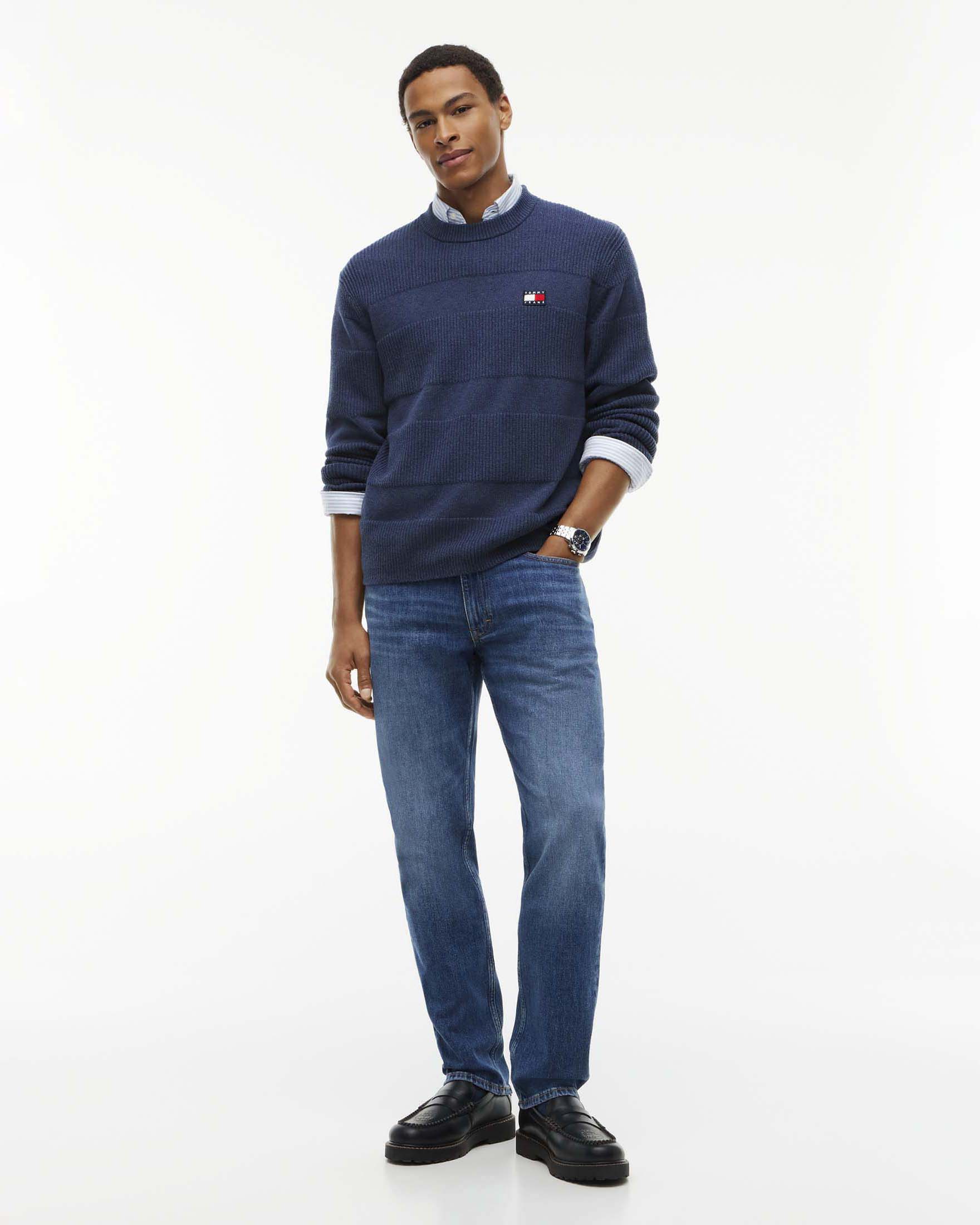 Maglione Tommy Jeans in cotone blu navy con doppia lavorazione effetto riga