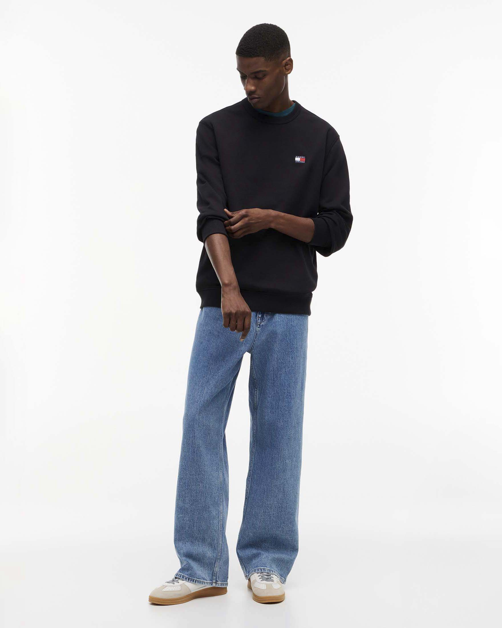 Felpa girocollo Tommy Jeans nera in cotone spazzolato