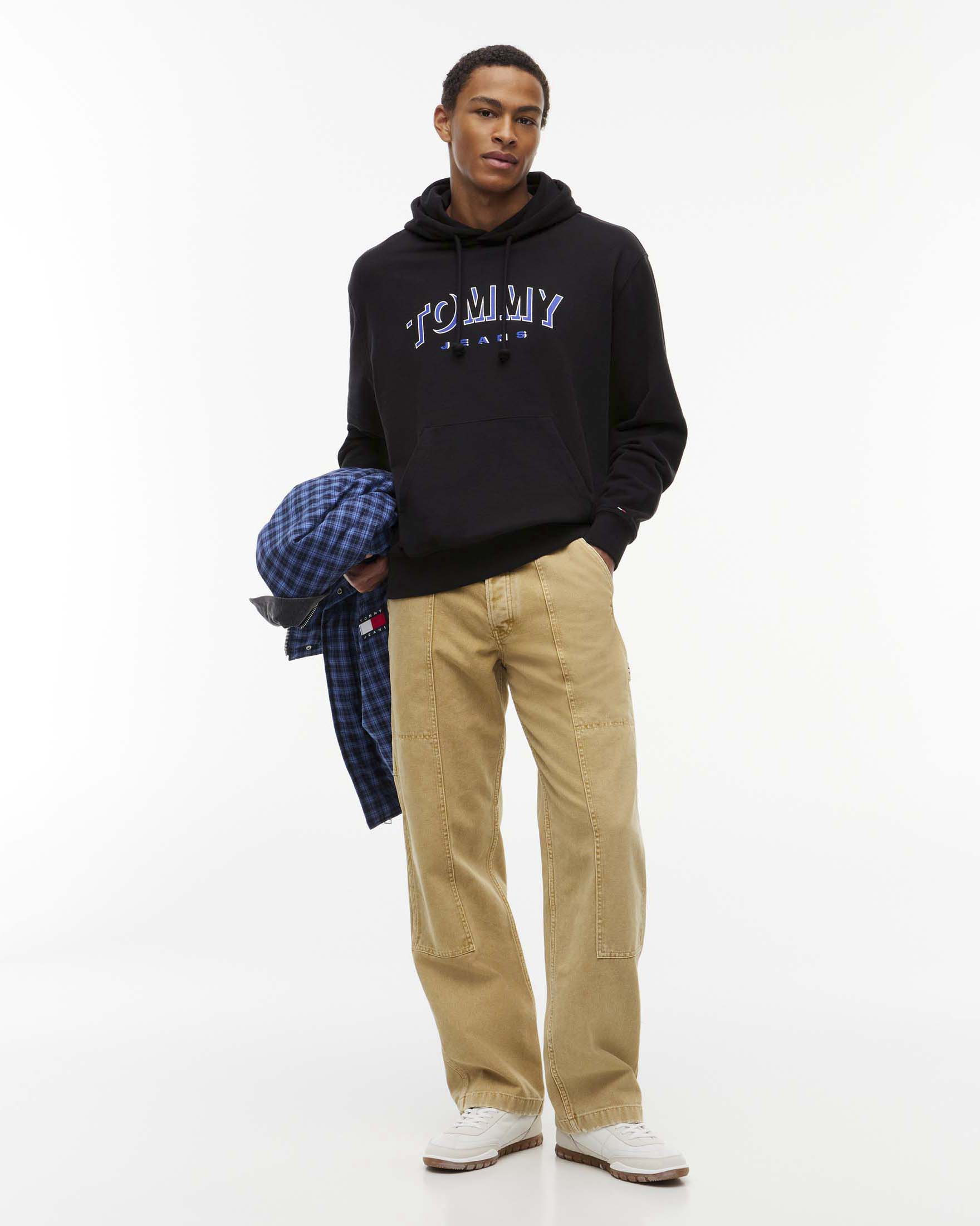 Felpa nera con cappuccio e tasca a marsupio Tommy Jeans in cotone