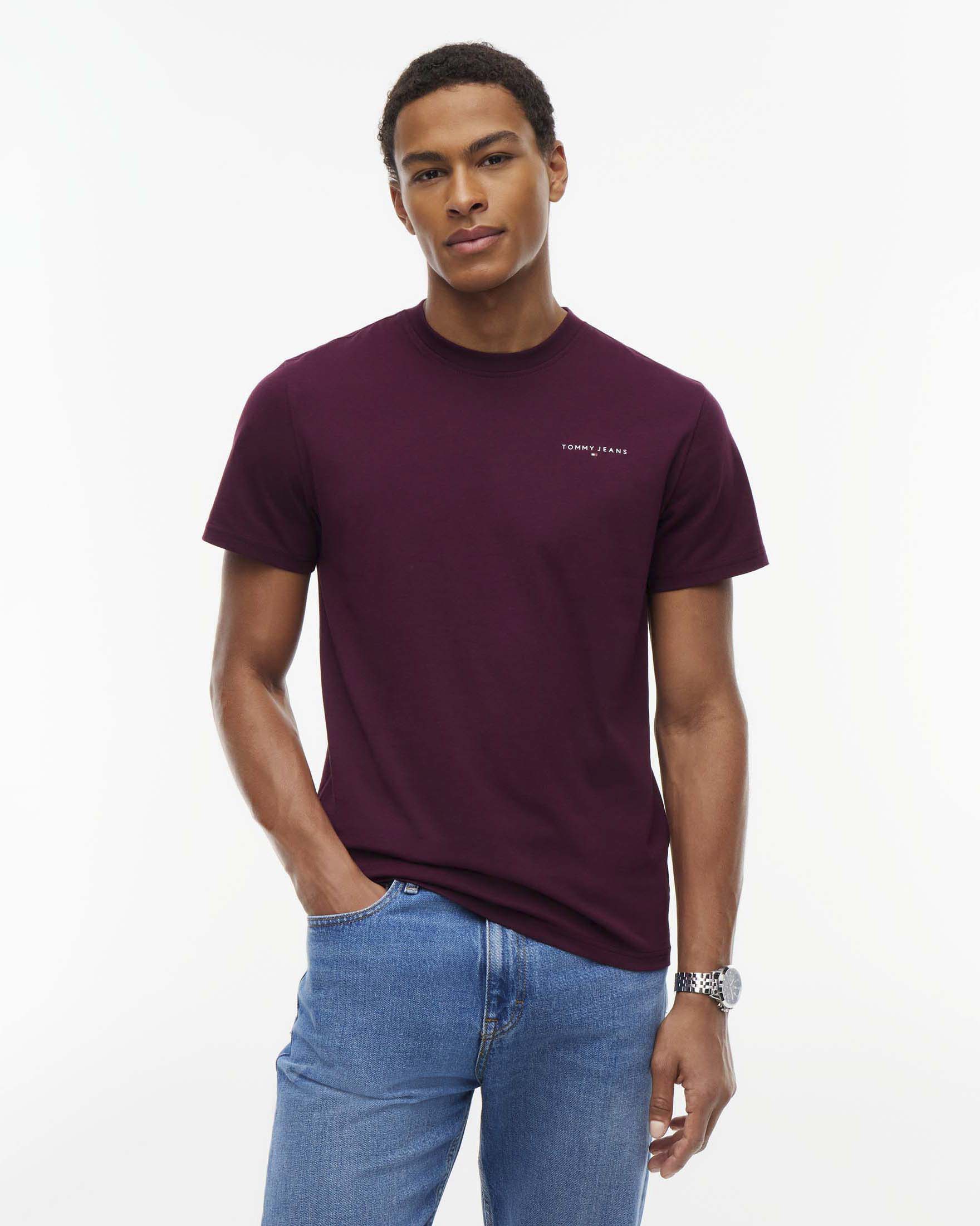 T-shirt mezza manica Tommy Jeans bordeaux in cotone con logo piccolo sul petto