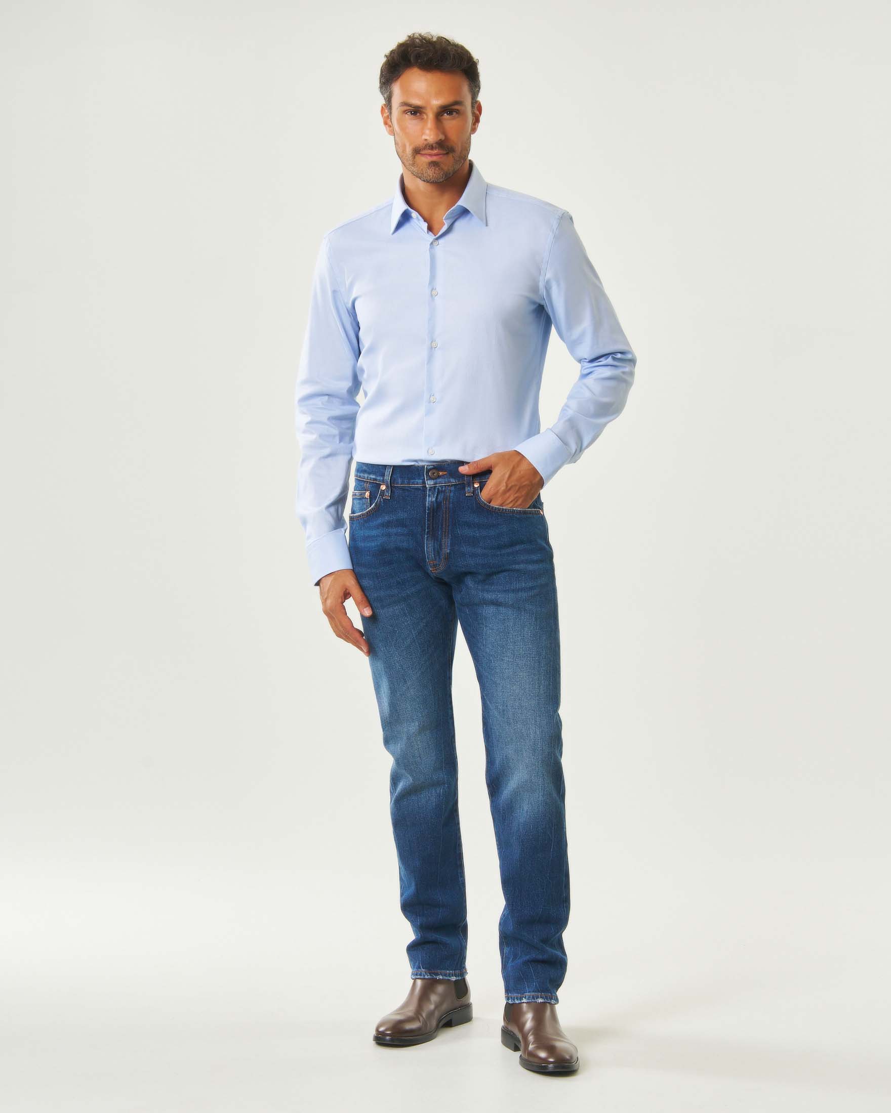 Camicia Boss azzurra slim fit in cotone stretch micro armatura