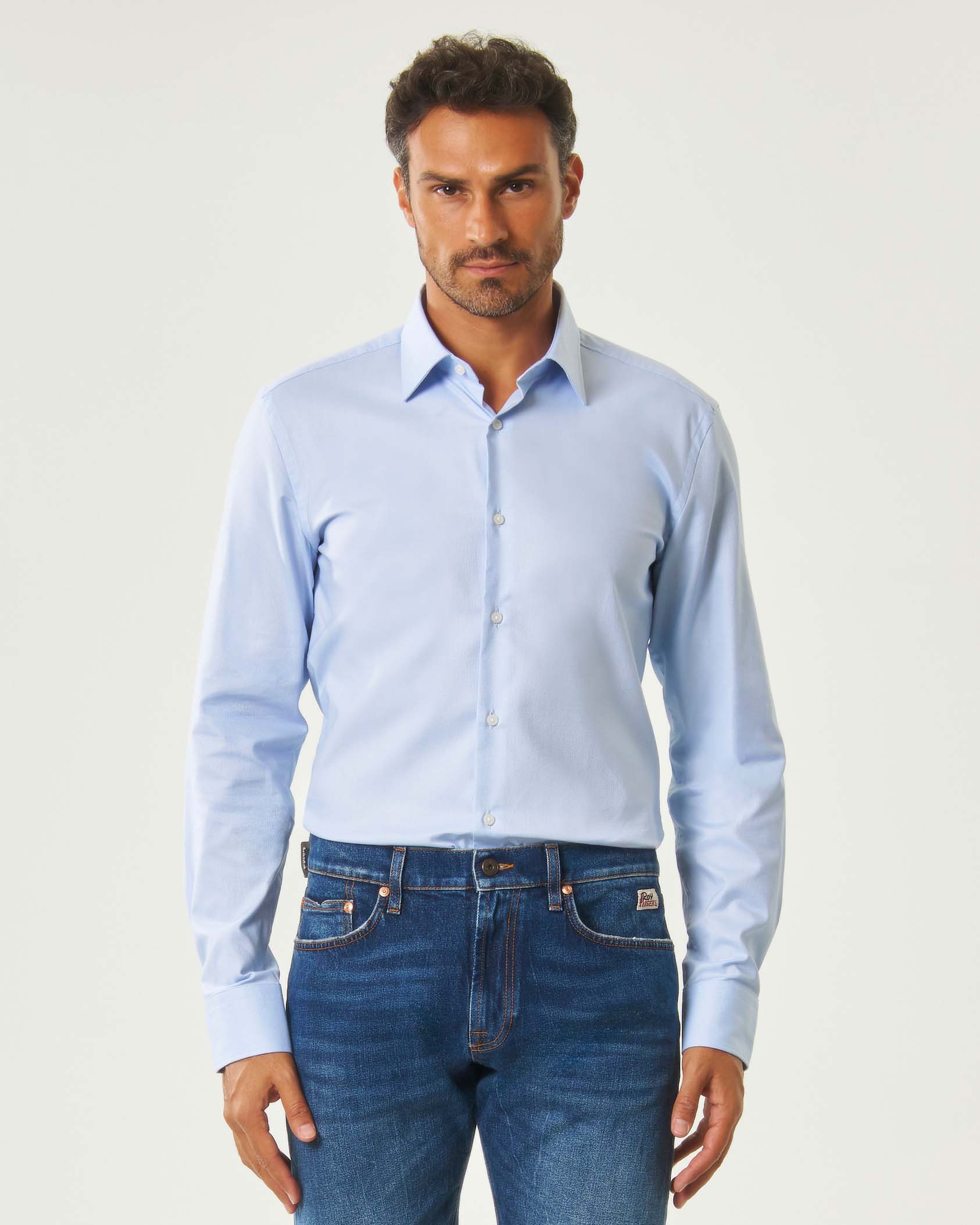 Camicia Boss azzurra slim fit in cotone stretch micro armatura image