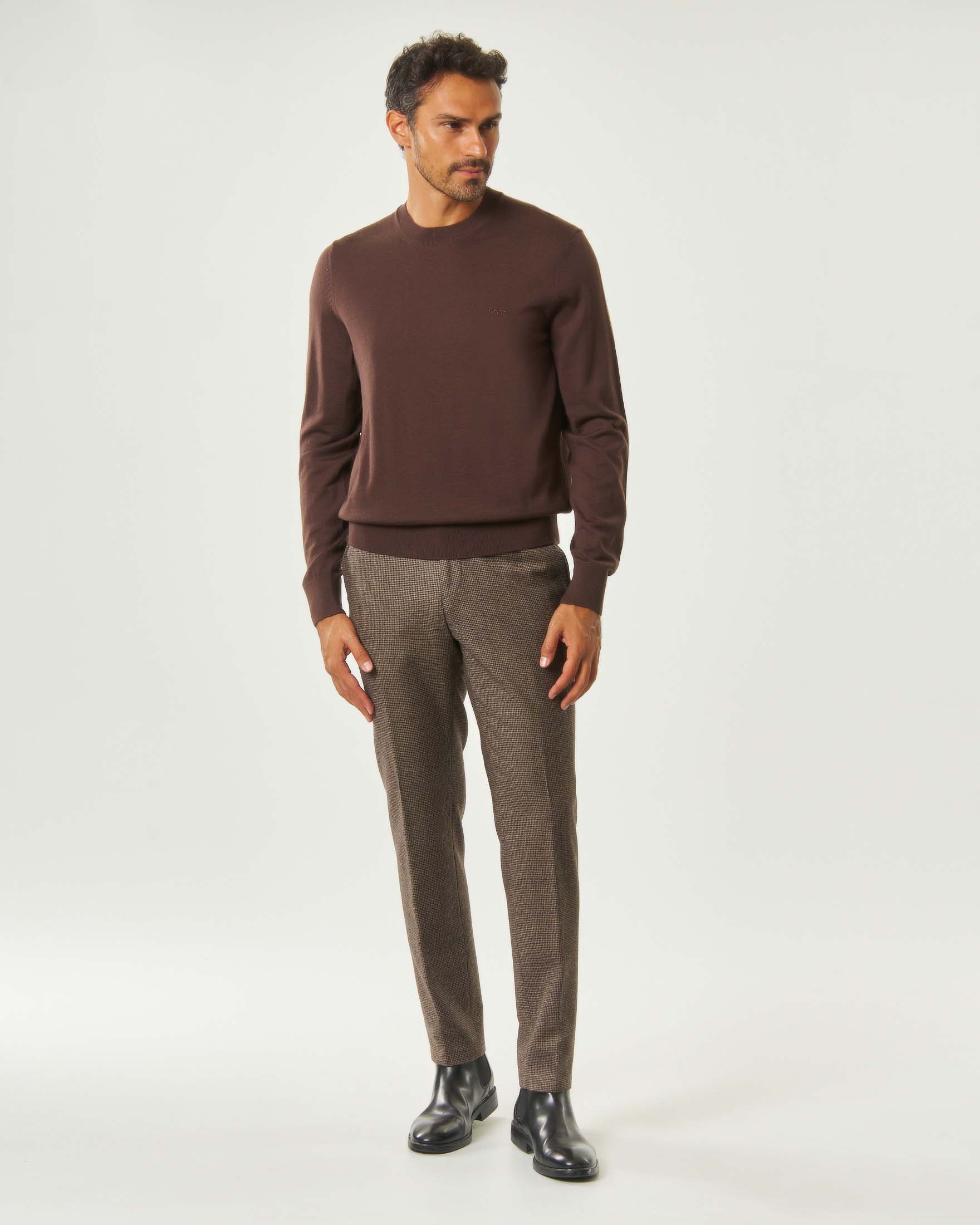 Pantalone Boss C-Genius noce slim fit in lana vergine micro motivo