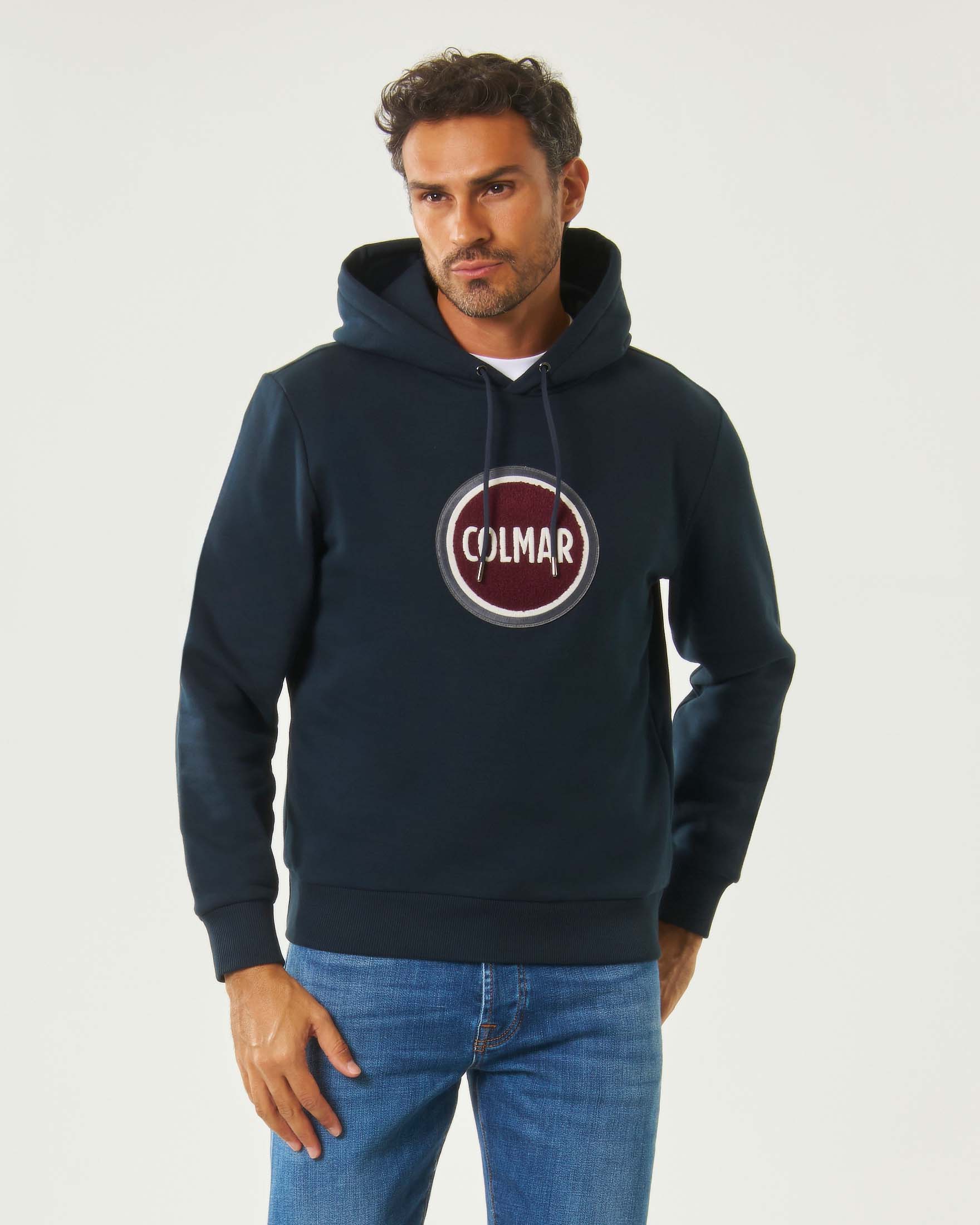 Felpa blu Colmar Originals con maxi logo bollo in spugna e cappuccio
