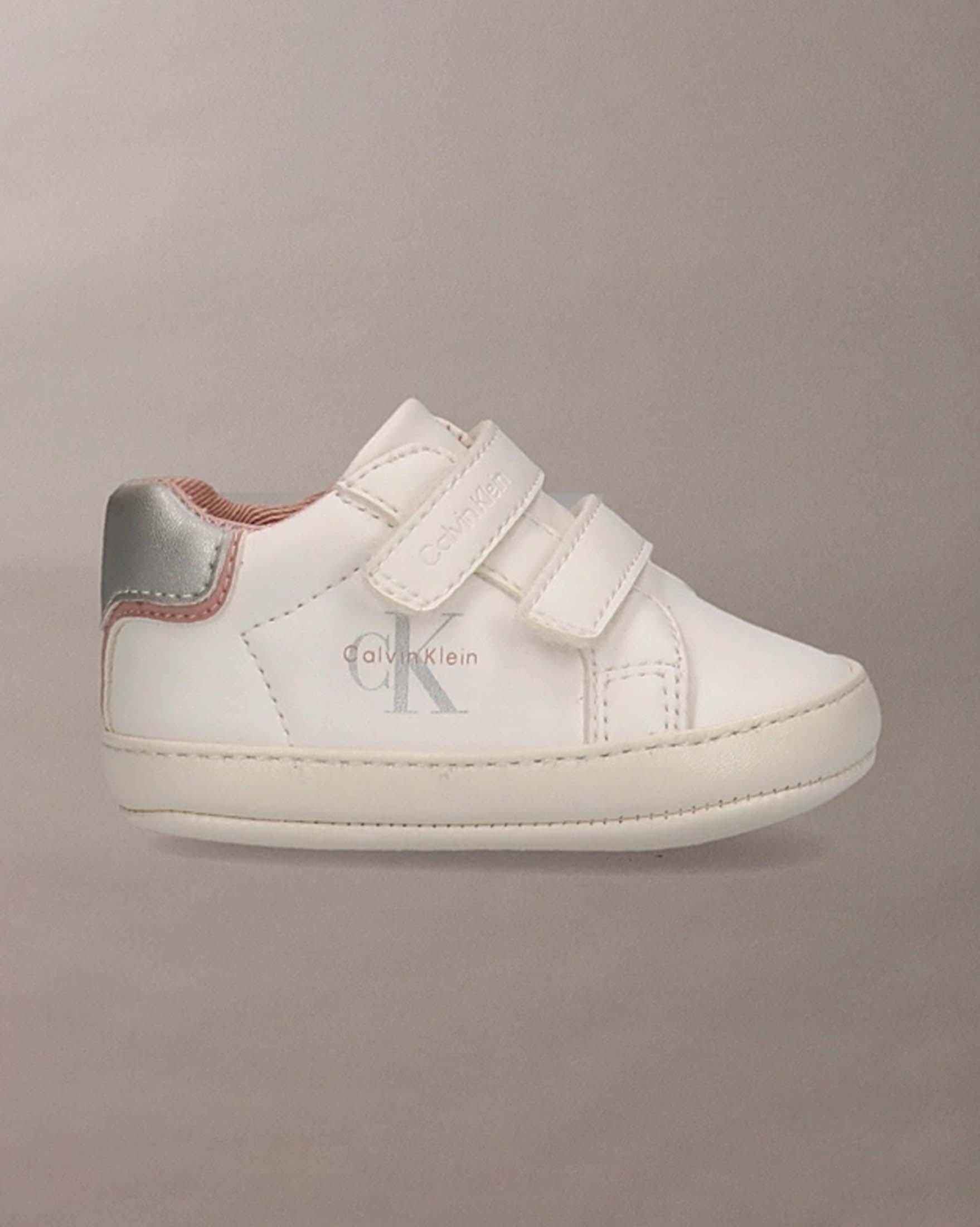 Sneakers Calvin Klein Kids bianche in ecopelle con chiusura a velcro e dettagli rosa