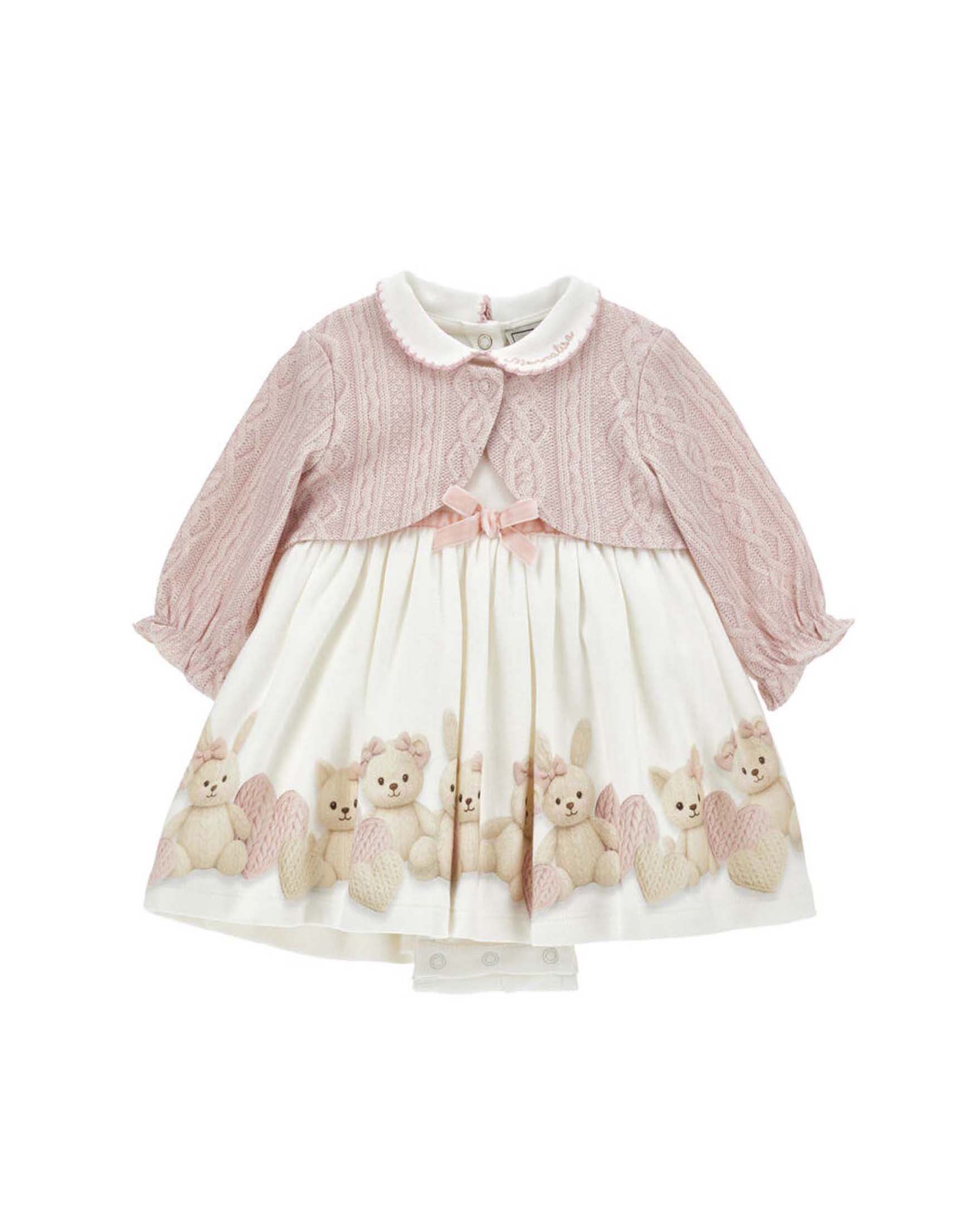 Abito Monnalisa smanicato con coniglietti e cardigan rosa